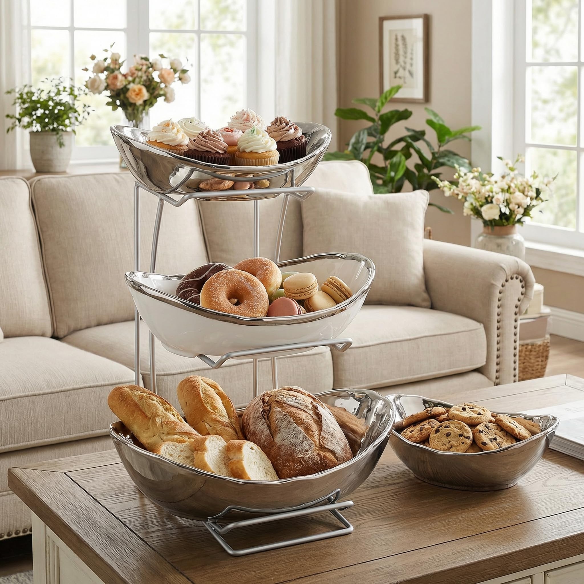Goaste Corbeille à fruits ovale à 3 niveaux en céramique avec support en métal - Bols de cuisine en porcelaine pour le stockage des fruits, des légumes, des collations, des noix, des desserts