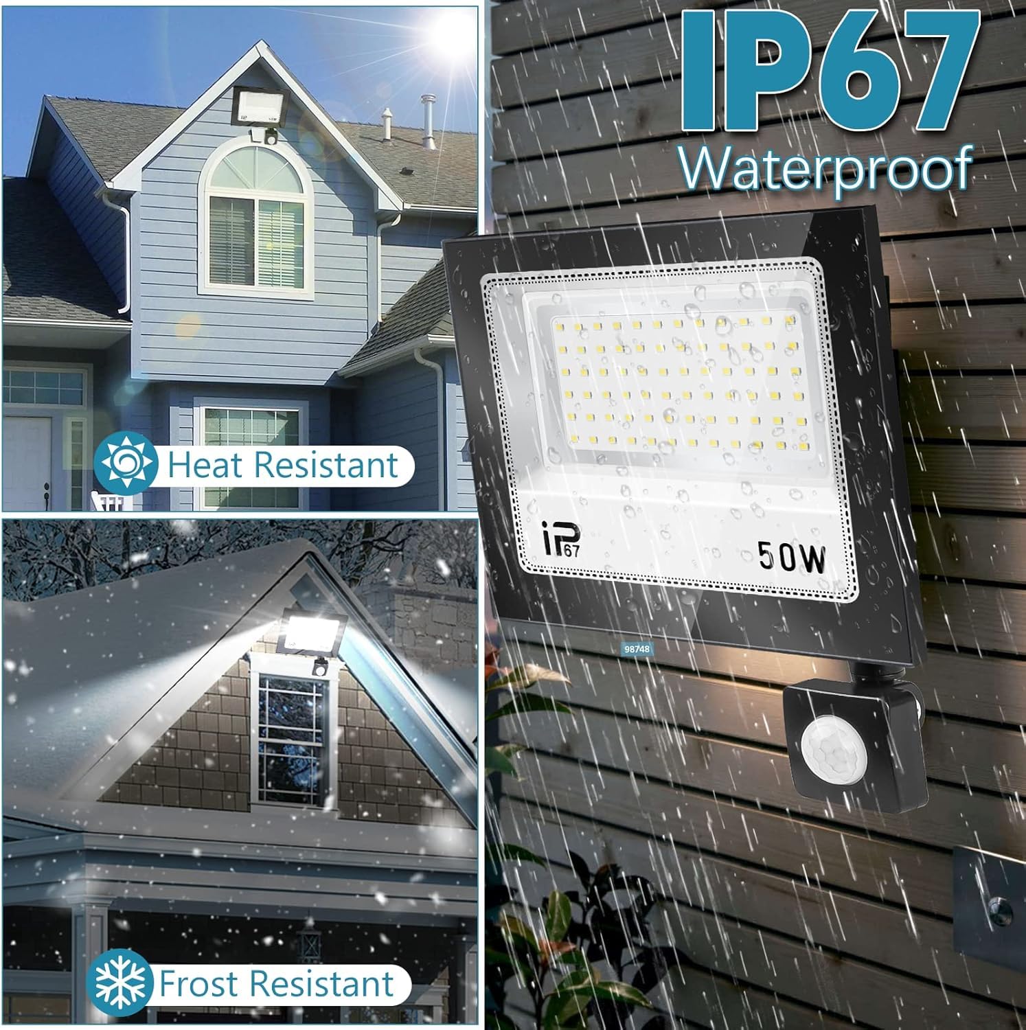 100W LED Strahler mit Bewegungsmelder Außen 2PC，Superhell 10000LM LED Scheinwerfer，7000K Kaltweiß Scheinwerfer， IP67 Wasserdichte Außenstrahler，für Hinterhof,Garage,Flur