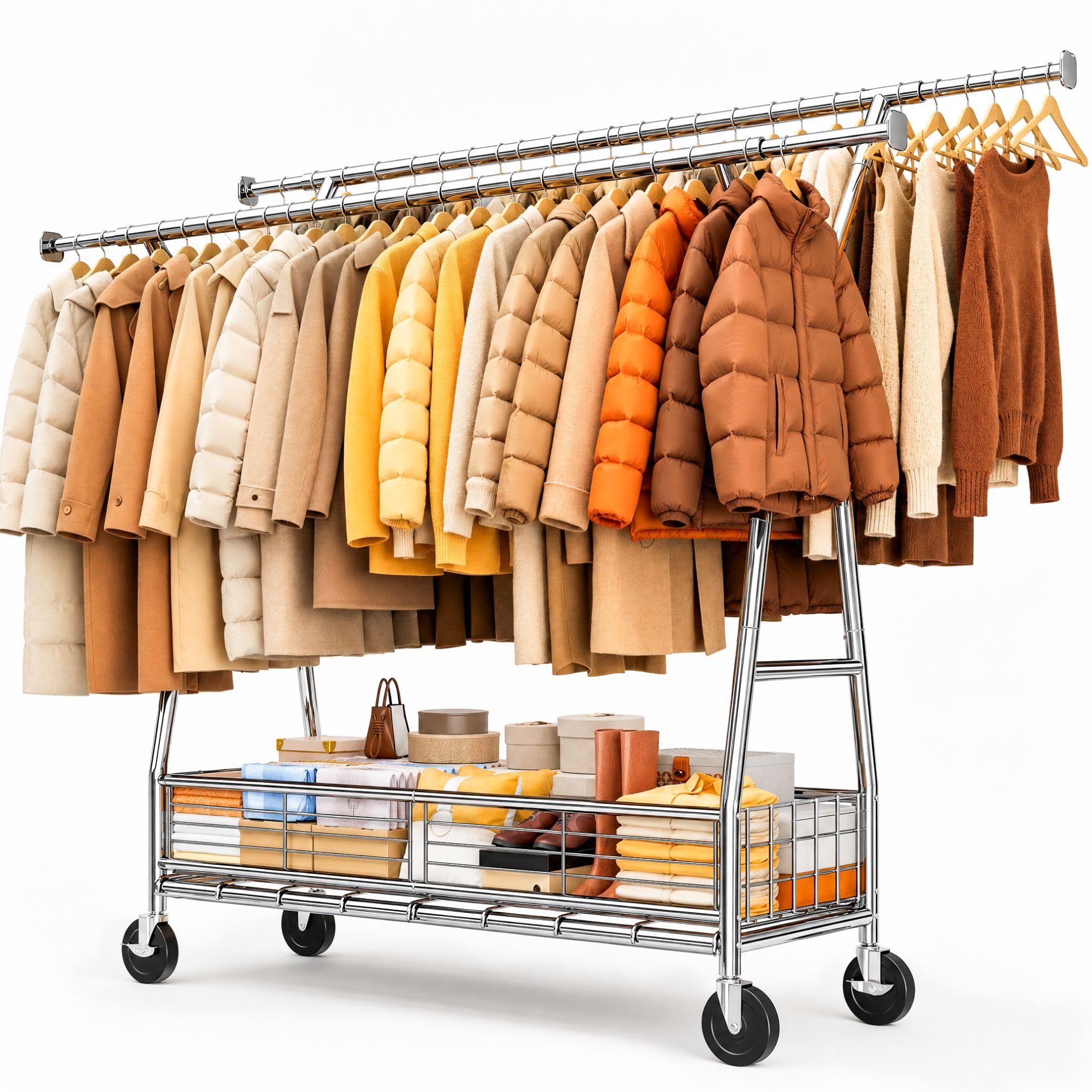 Stand Appendiabiti con Ruote e Cestino, Portata max 200KG, Argento | Doppia barra (alta e bassa) e vassoio rete, appendiabiti estensibile 106–166 cm, per Presentazione, Stoccaggio, Argento