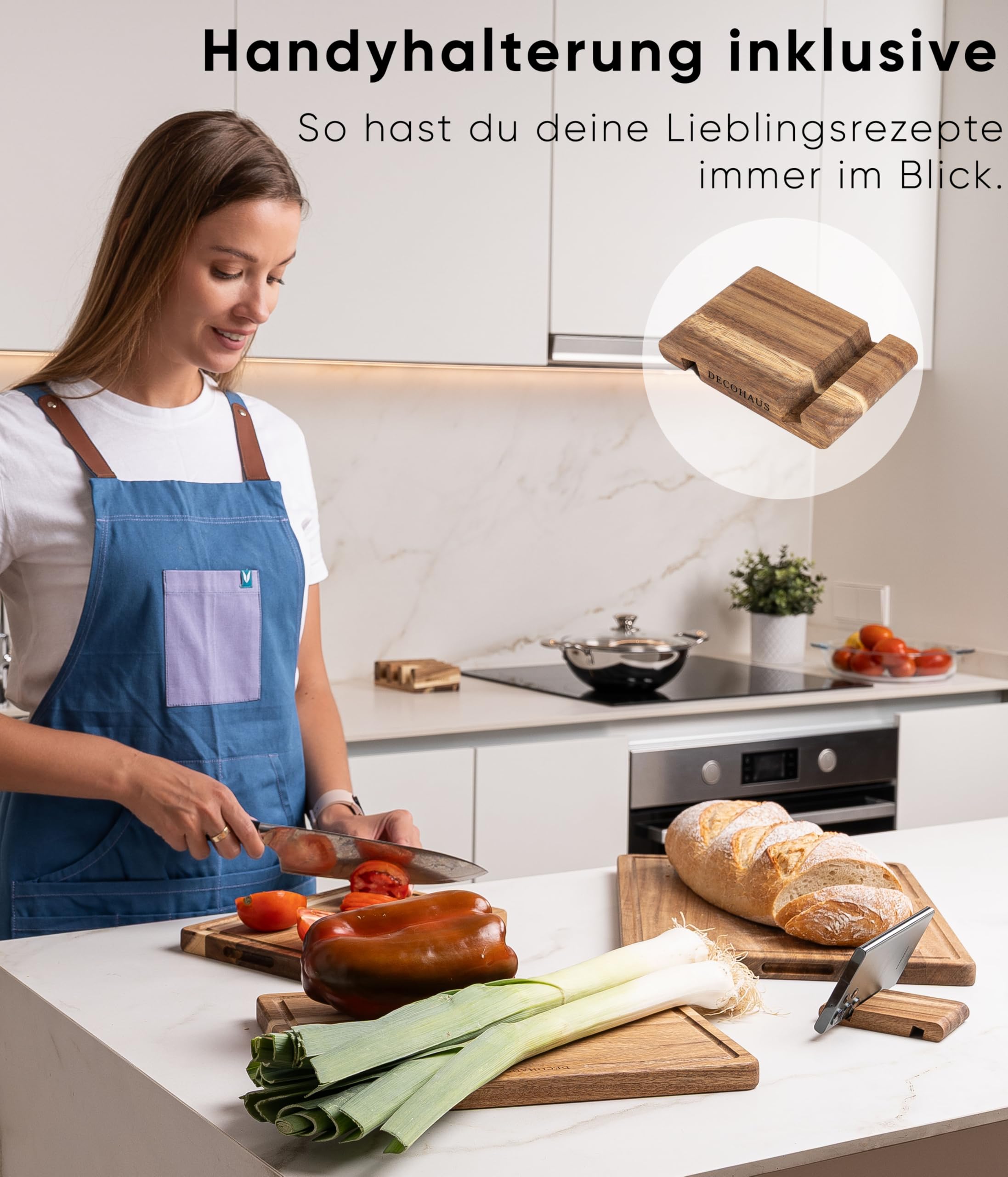 Deco haus Schneidebrett Holz 3er Set aus Robustem Akazie [2cm DICKE] - Schneidebretter mit Saftrille - Holzbrett Küche 40x30, 33x24, 26x18 Holzbretter - Wooden Cutting board set - Holzschneidebrett