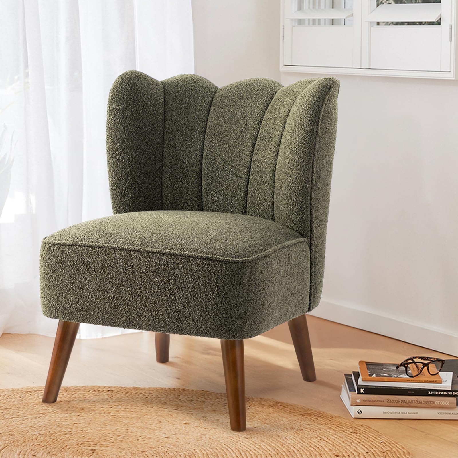 Glitzhome Armless Accent Chair with Rubber Wooden Legs, Modern Hunter Green Comfy Upholstered Tufted Living Room Side Chair, Sofa Chair for Living Room Bedroom Office