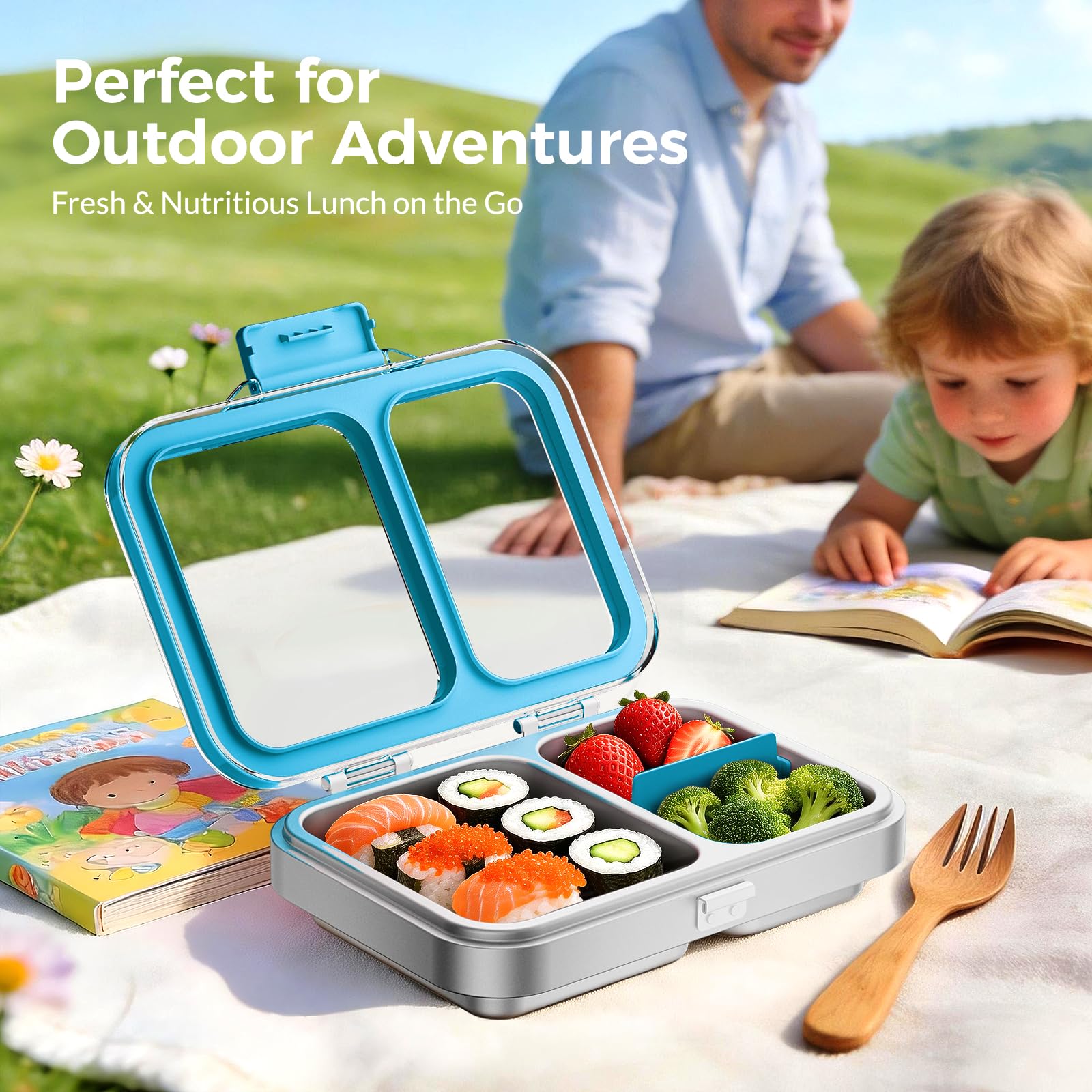 G.a HOMEFAVOR Edelstahl Brotdose Kinder 1000ml Metall Bento Lunchbox mit 2 Fächern Auslaufsichere Brotbox Kindergarten Kita Schule Sandwichbox Brotzeitdose Vesperdose Brotbüchse, Blau