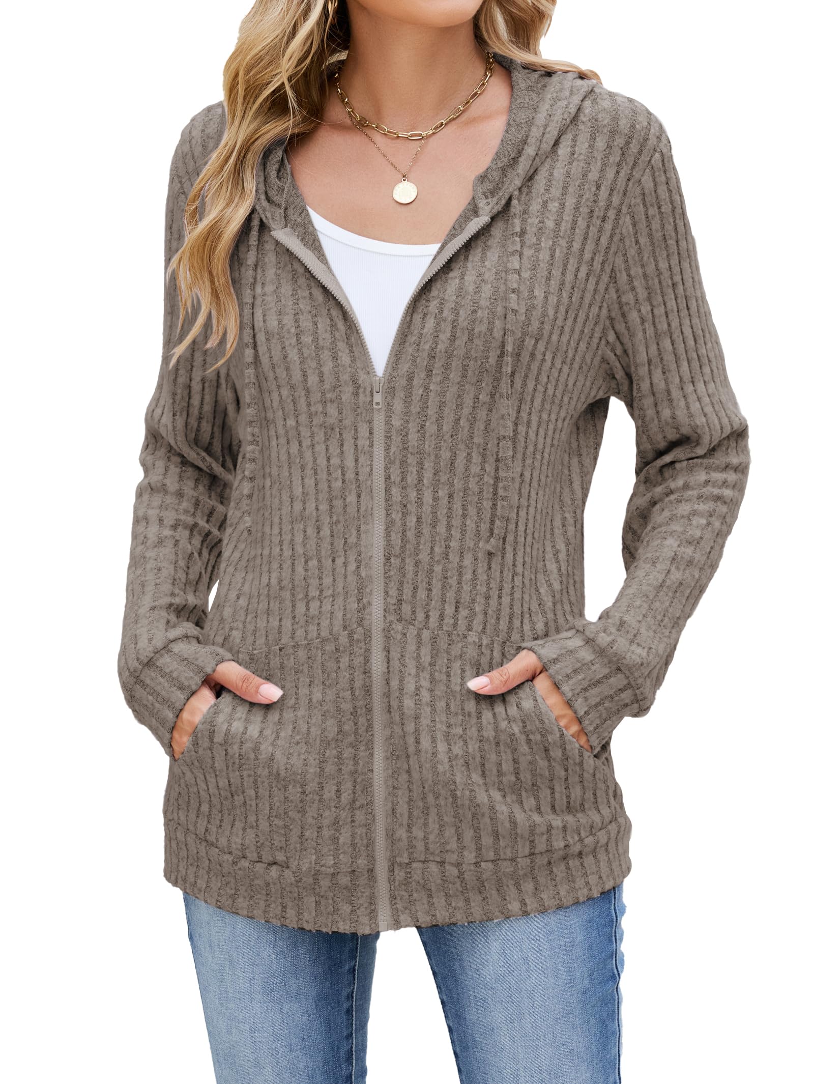 iChunhua Cardigan à capuche zippé à manches longues pour femme Veste légère avec poches