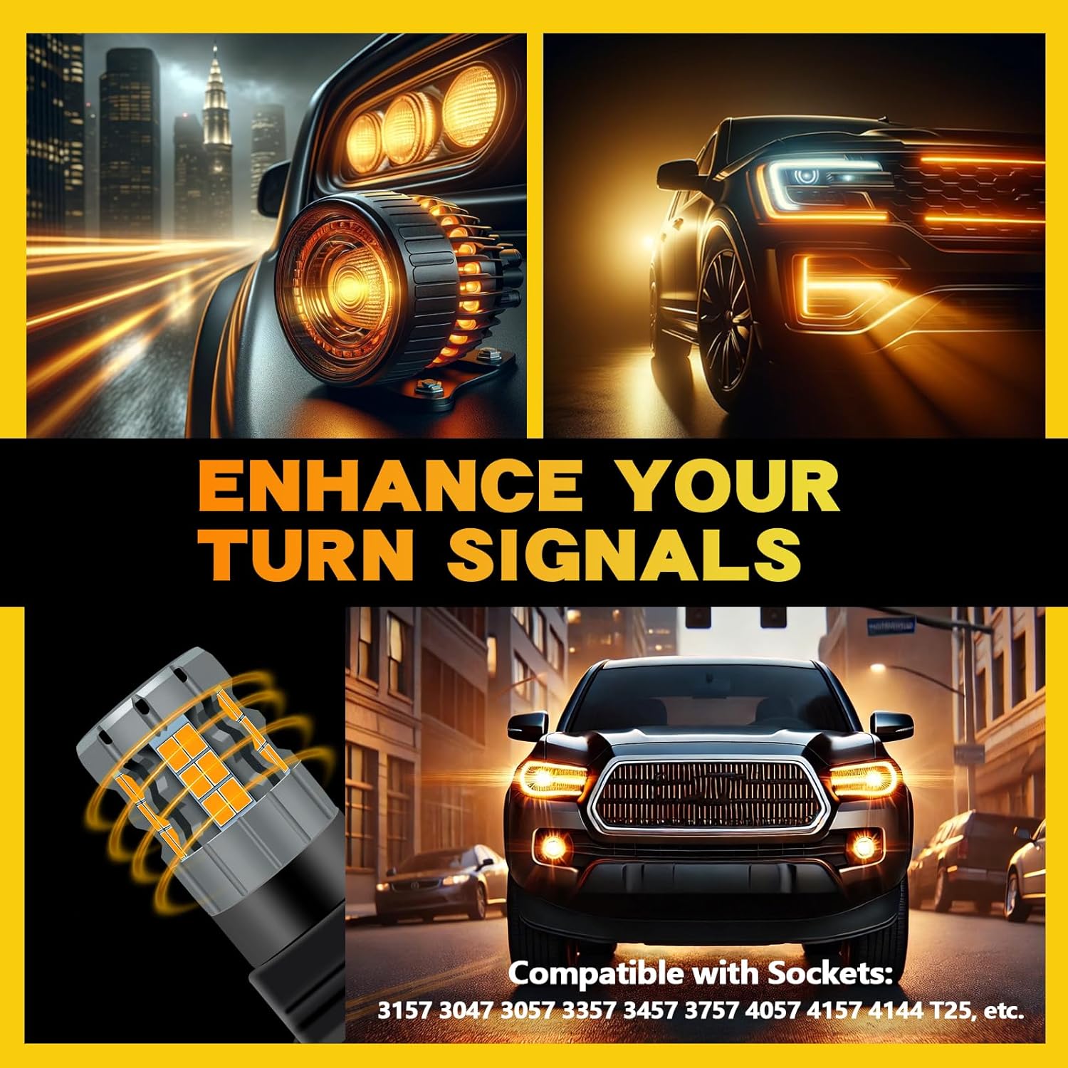 3157 LED Turn Signal Bulbs Compatible For Toyota Tacoma 2001-2015 (Front) & 2005-2015 (Rear), 4157 Bulb, Amber Yellow, Plug and Play, Pack of 2