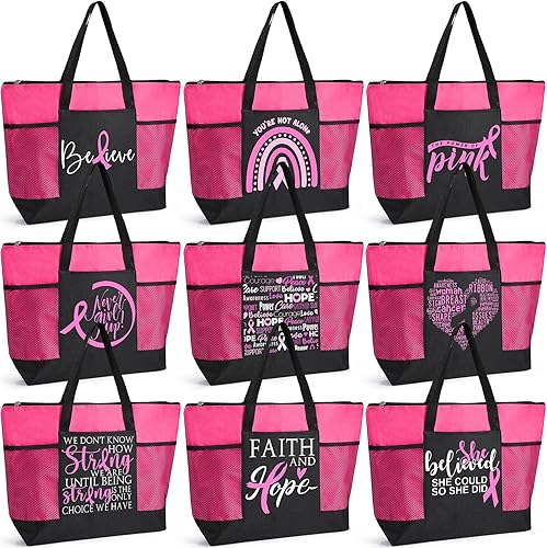Set de regalo de concientización sobre el cáncer de mama para mujeres, bolsas de mano con letrero de cinta rosa