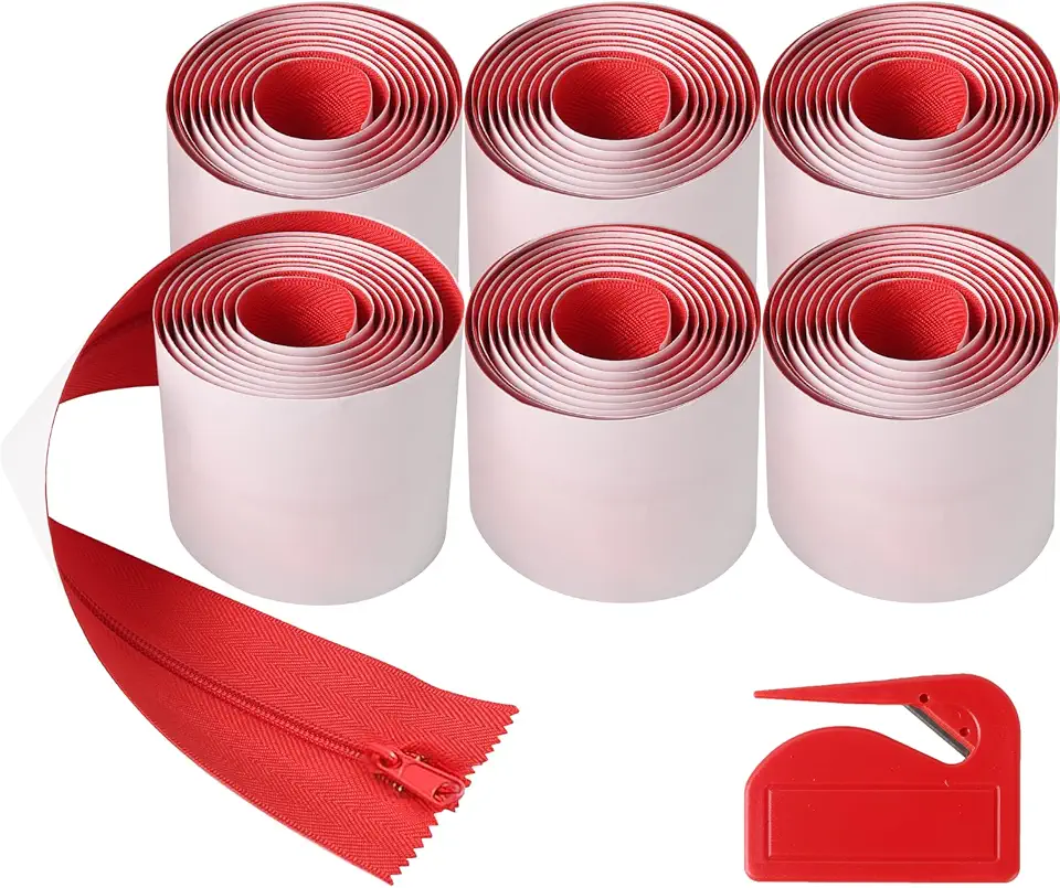 CALPALMY (Pacote com 6) Zíper protetor de poeira resistente - Zíper de porta instantâneo autoadesivo - 1,8 m de comprimento x 7,6 cm de largura Rolo de zíper de dupla face vermelho - Inclui acessórios