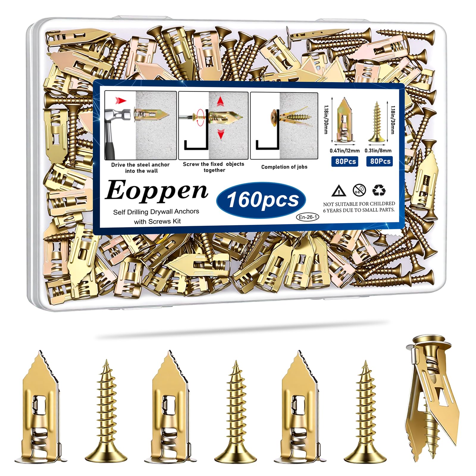 160Pcs Self Drilling Drywall Anchors with Screws, 80Pcs Sheetrock Anchors (0.47x1.18Inch) &amp; 80Pcs Expansion Screws, Zinc Plated Steel Drywall Anchors No Drilling Required Holds Up to 66lbs