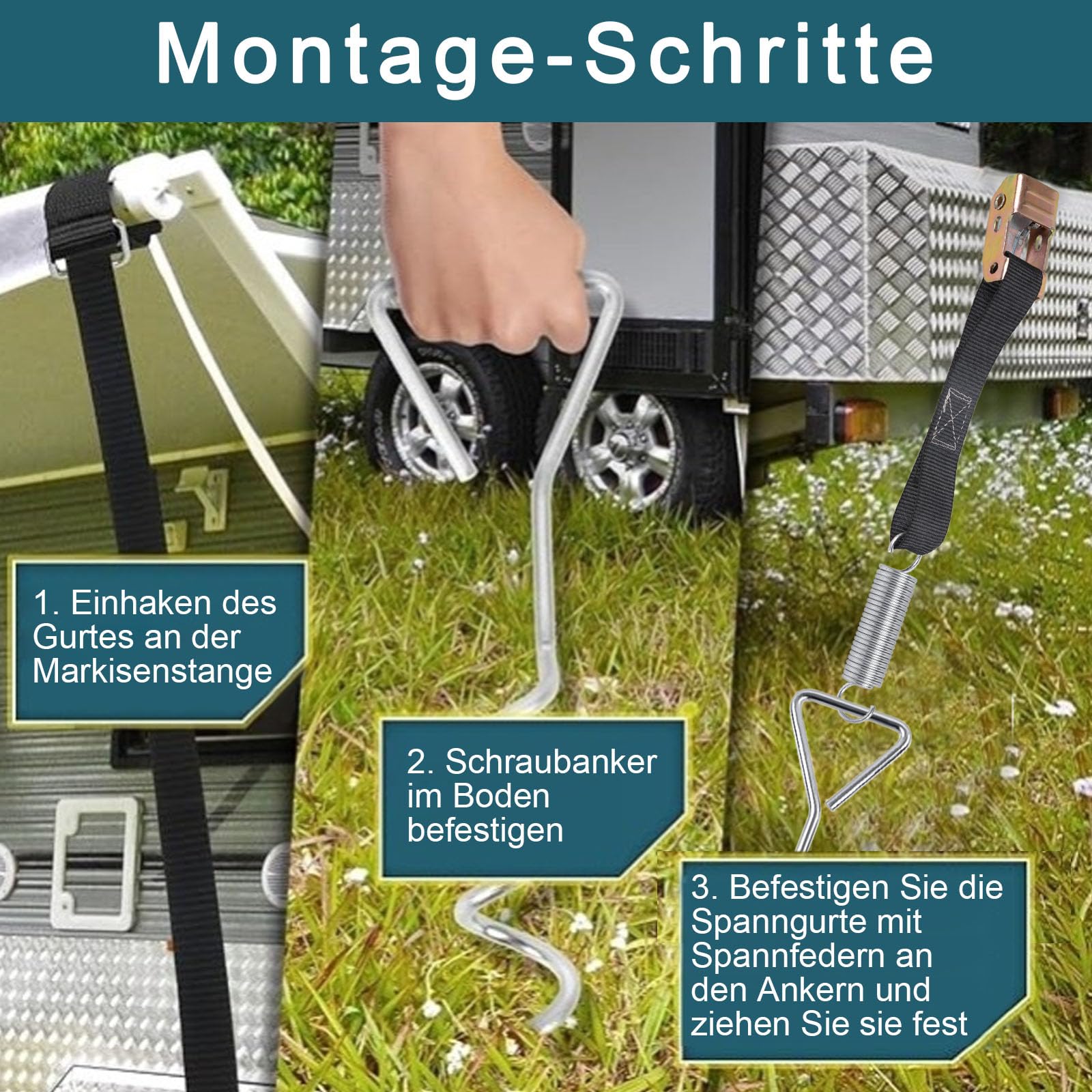 W&H Sturmband Markise Set, Sturmsicherung fr Vorzelt und Zubehr,  Vorzeltsets Wohnmobil mit Camping Sturmbnder, 2X Spanngurte, 2x40 cm  Erdanker, 2X Feder, 1x Tasche,10x Haken : Amazon.de: Auto & Motorrad