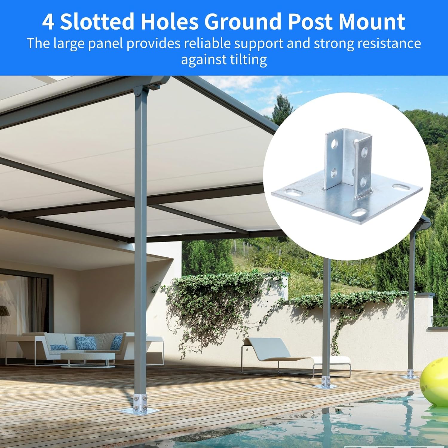4 PCS Strut Post Bases, 4 Slotted Holes U Post Base for 1-5/8 Inches Square Single Channel, 5.7 x 5.7 Inches Large Panel Anti-Tilt Ground Bracket, Heavy Duty Galvanized Carbon Steel Floor Post Base