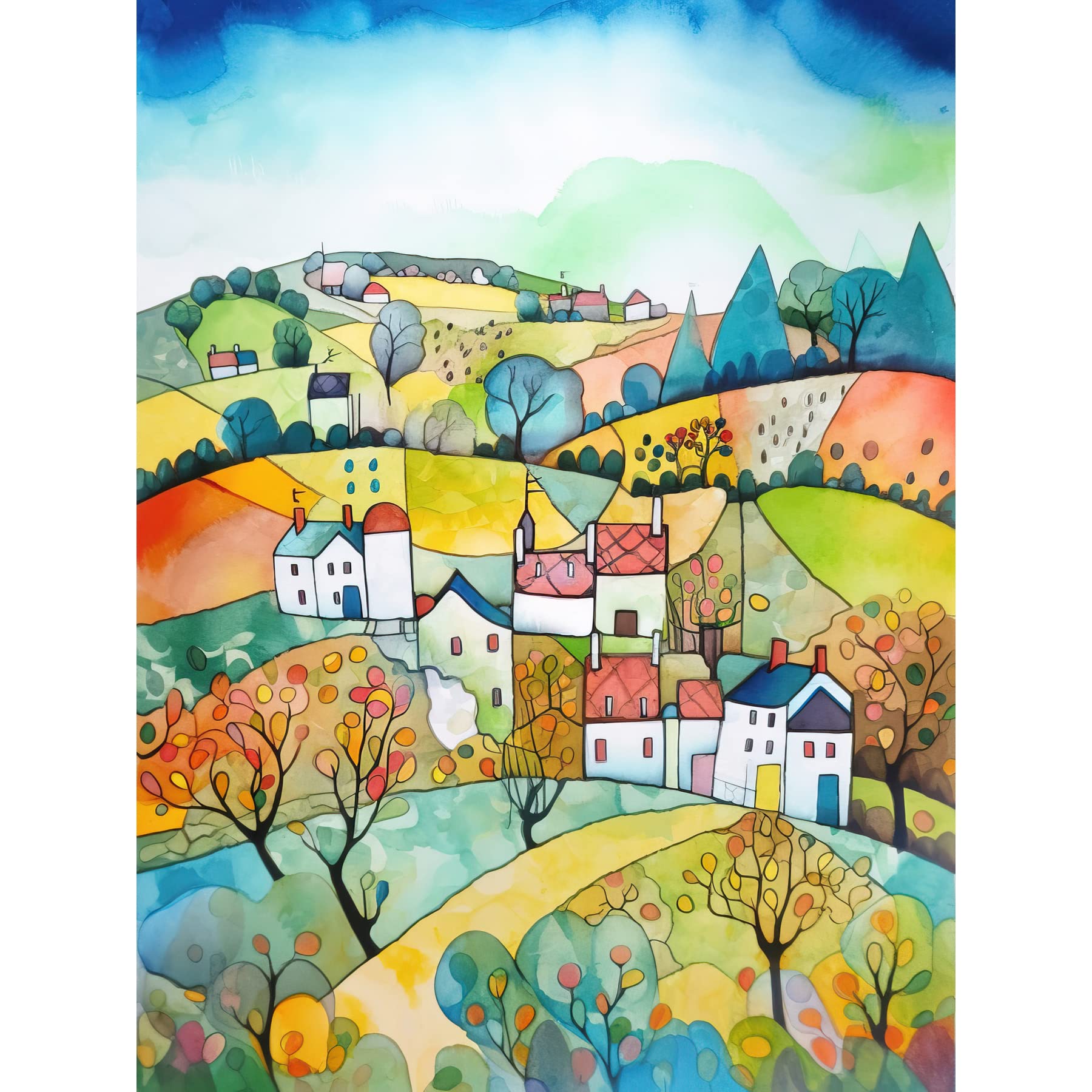 Artery8 English Country Rural Landscape Folk Art Watercolour Painting Large Wall Art Poster Print Thick Paper 18X24 Inch