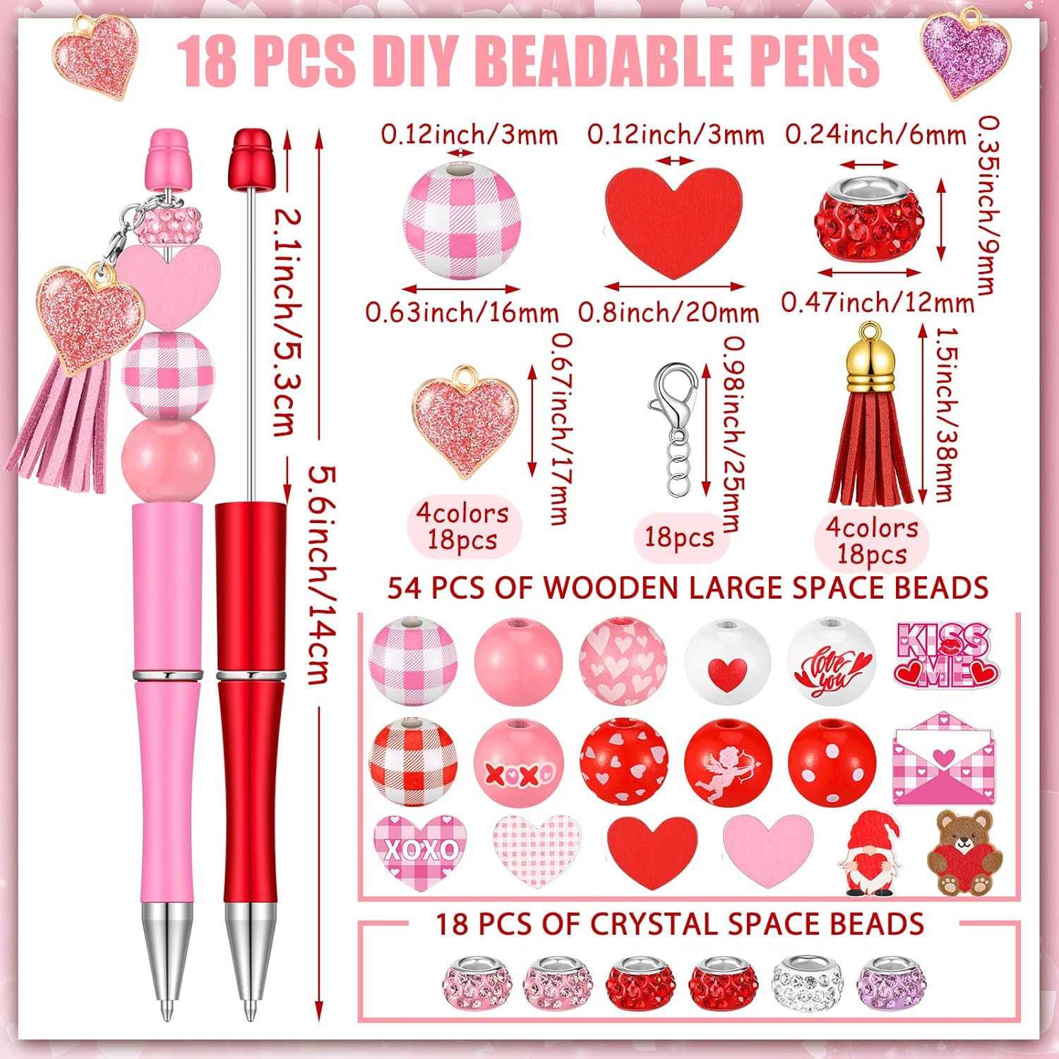 Geyoga 18 Sets Valentine's Day Beadable Pens Valentine's Day Ballpoint Black Ink DIY Pens with 54 Wooden Beads Rhinestone Spacer Beads Pendants Tassels for Women Office Supplies