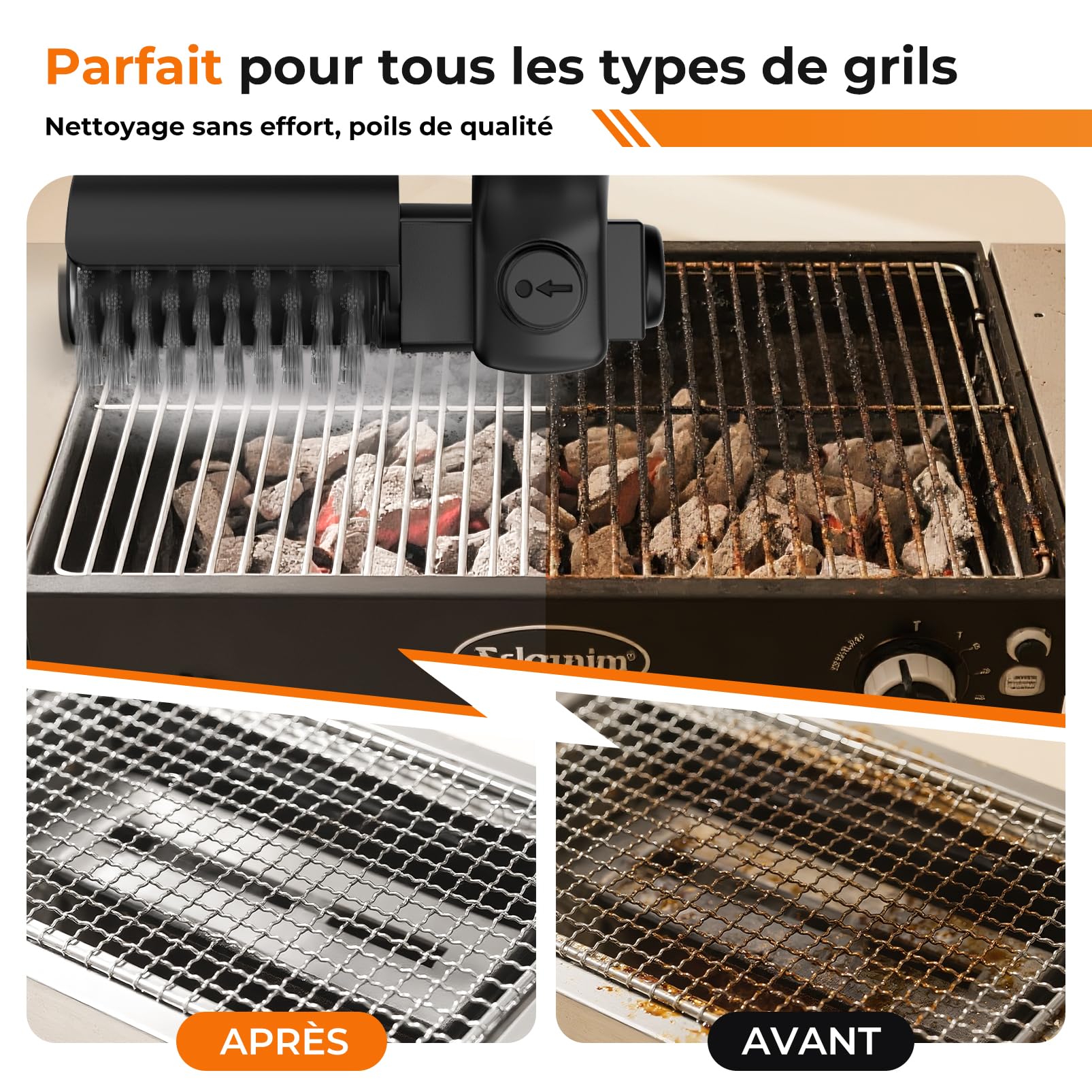 YKYI Brosse Barbecue Électrique sans Fil, Rechargeable, IPX7 | Têtes acier/tissu amovibles, angle 180° 7 positions, 90 min, protection 360°, pour barbecue extérieur et camping