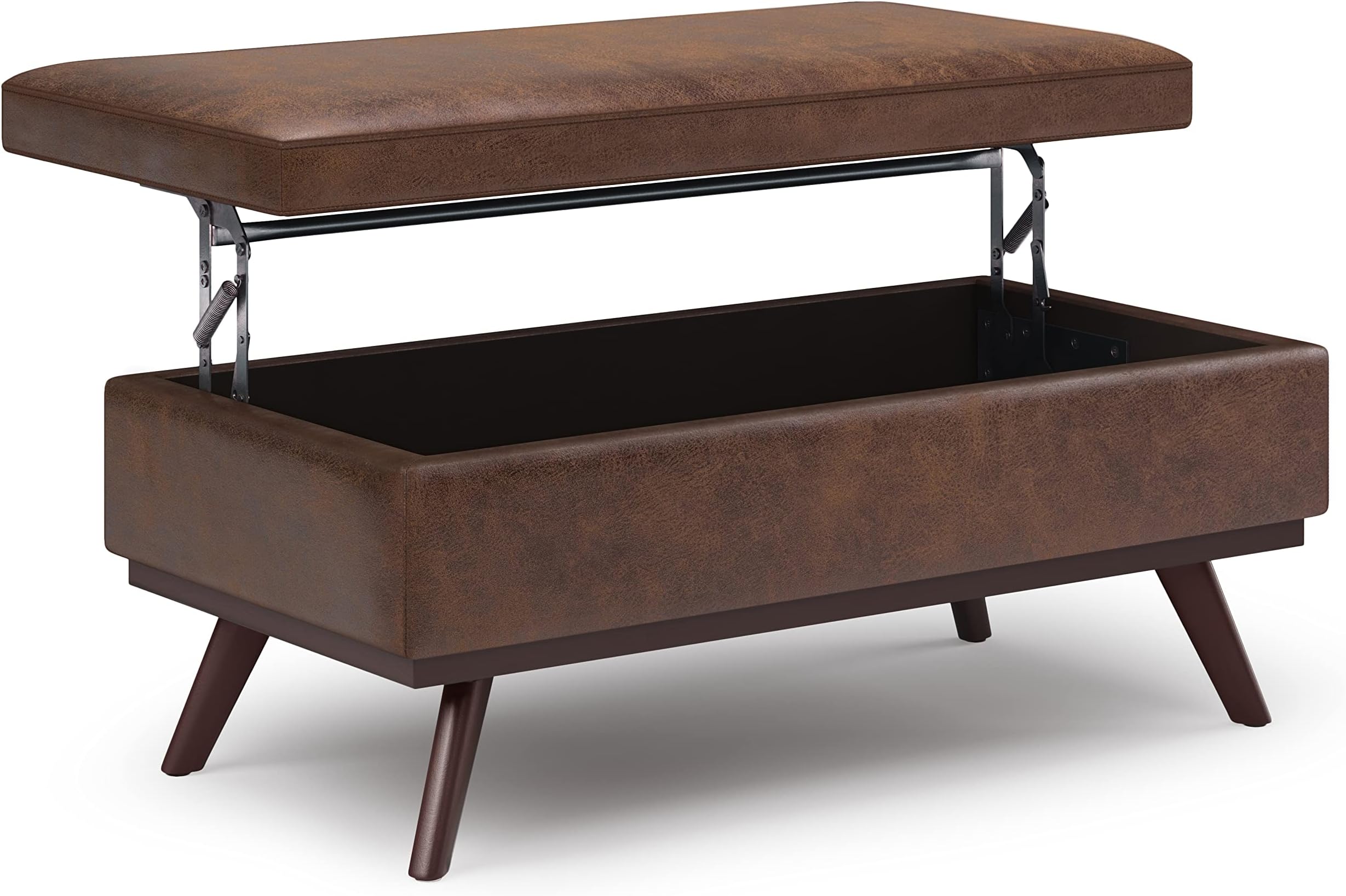 SIMPLIHOME Owen Lift Top Coffee Table Storage Ottoman - 42 inch Wide Upholstered Vegan Leather Rectangular Lift-Top Ottoman in Distressed Chestnut Brown, Mid-Century Modern Ottoman for Living Room