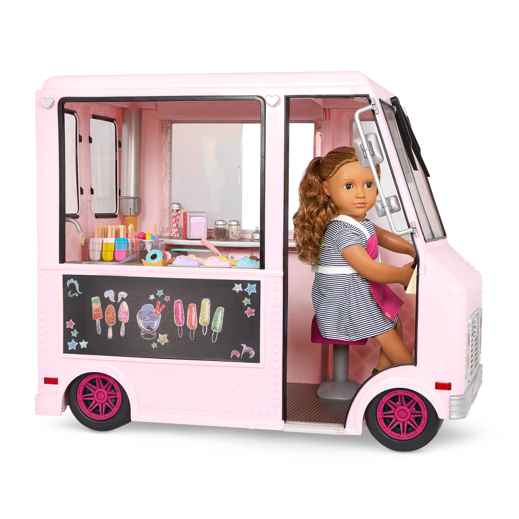 Our Generation Sweet Stop, Camion à Glace Rose pour poupées de 46 cm | Camion à glace rose avec tableau à craie, lumières, essuie-glace et 3 chansons; comprend 128 pièces au total; 3 ans et +