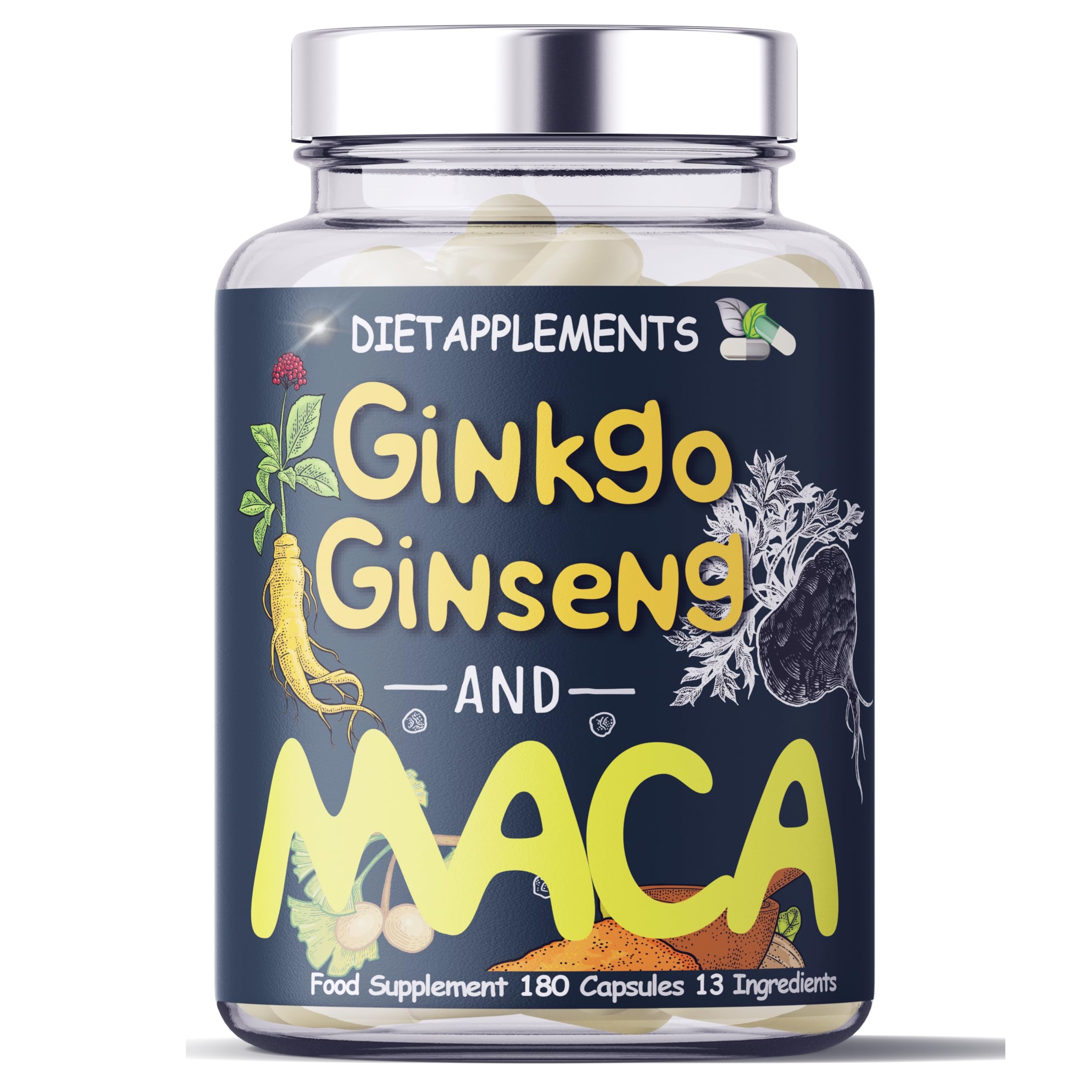 Maca Root 4000mg, Ginkgo Biloba, Korean Red (Panax) Ginseng - 4256mg - Vegan Capsules - Zinc, Vitamins D3, E, B5, B6, B12, A, K, Folic Acid, Selenium for Immune System & Hormonal Activity. 1 Bottle