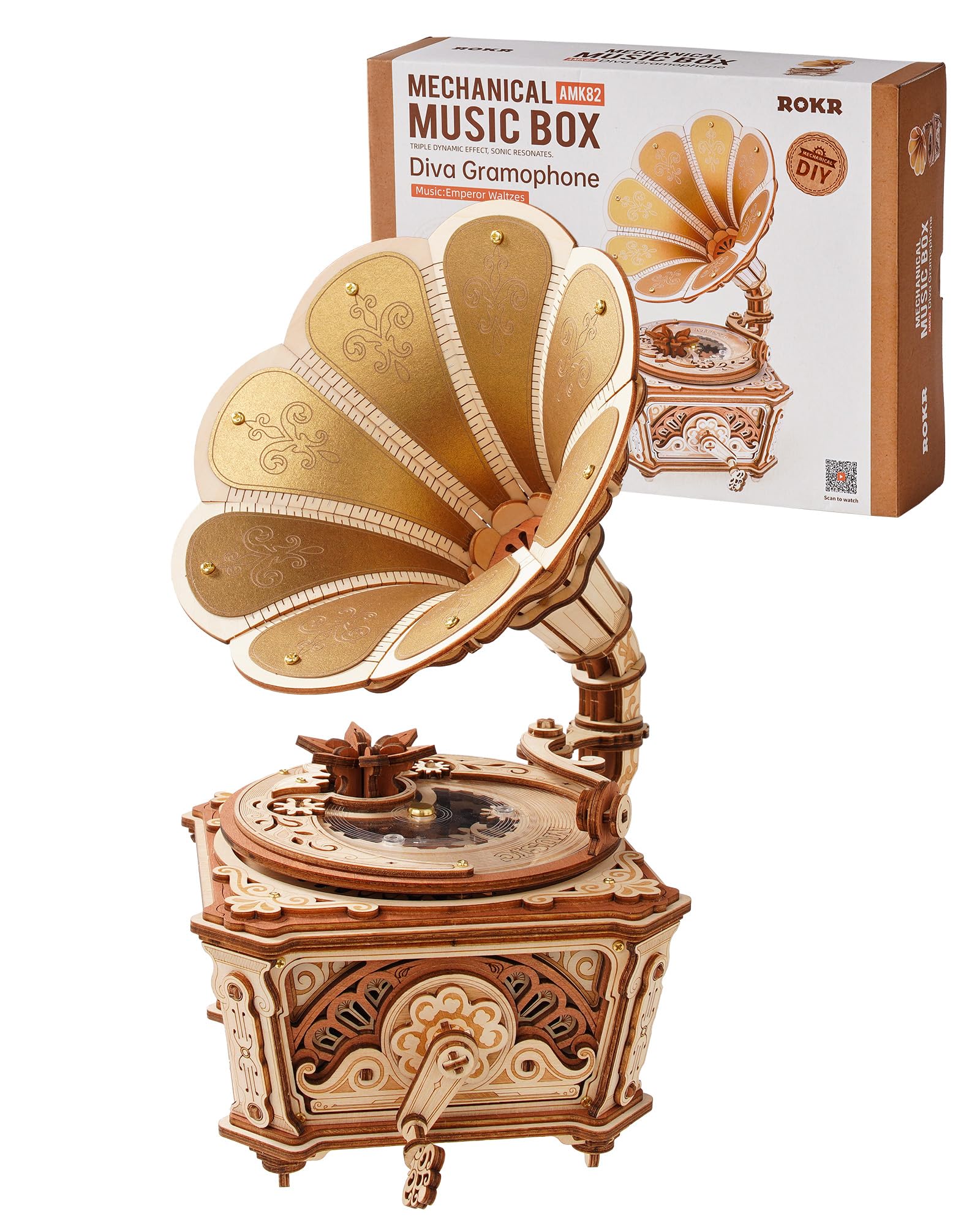 ROKR Wooden Model Kits Music Box Diva Gramophone,3D Puzzle for Adults,DIY Gifts for Teens and Adults