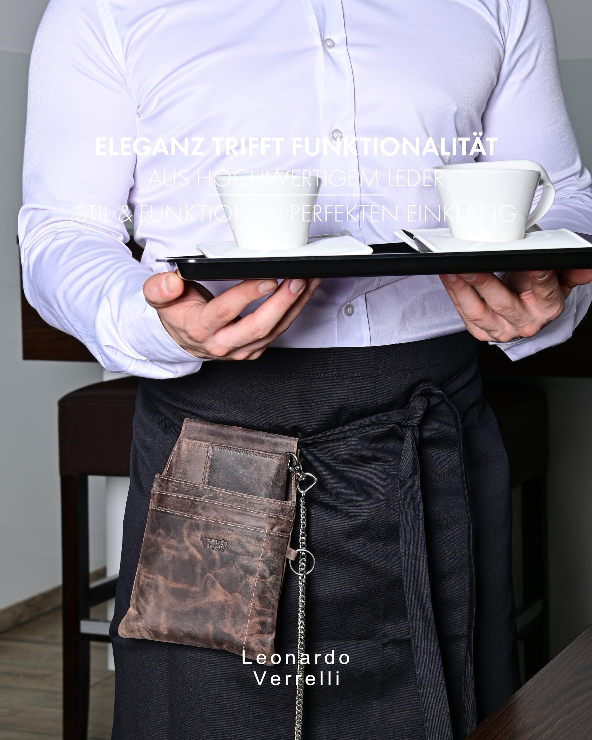 Cartera de camarero de piel con funda, monedero para operaciones de gastronomía con trabilla para cinturón, para operaciones hombre y mujer, marrón, 21x15, Clásico