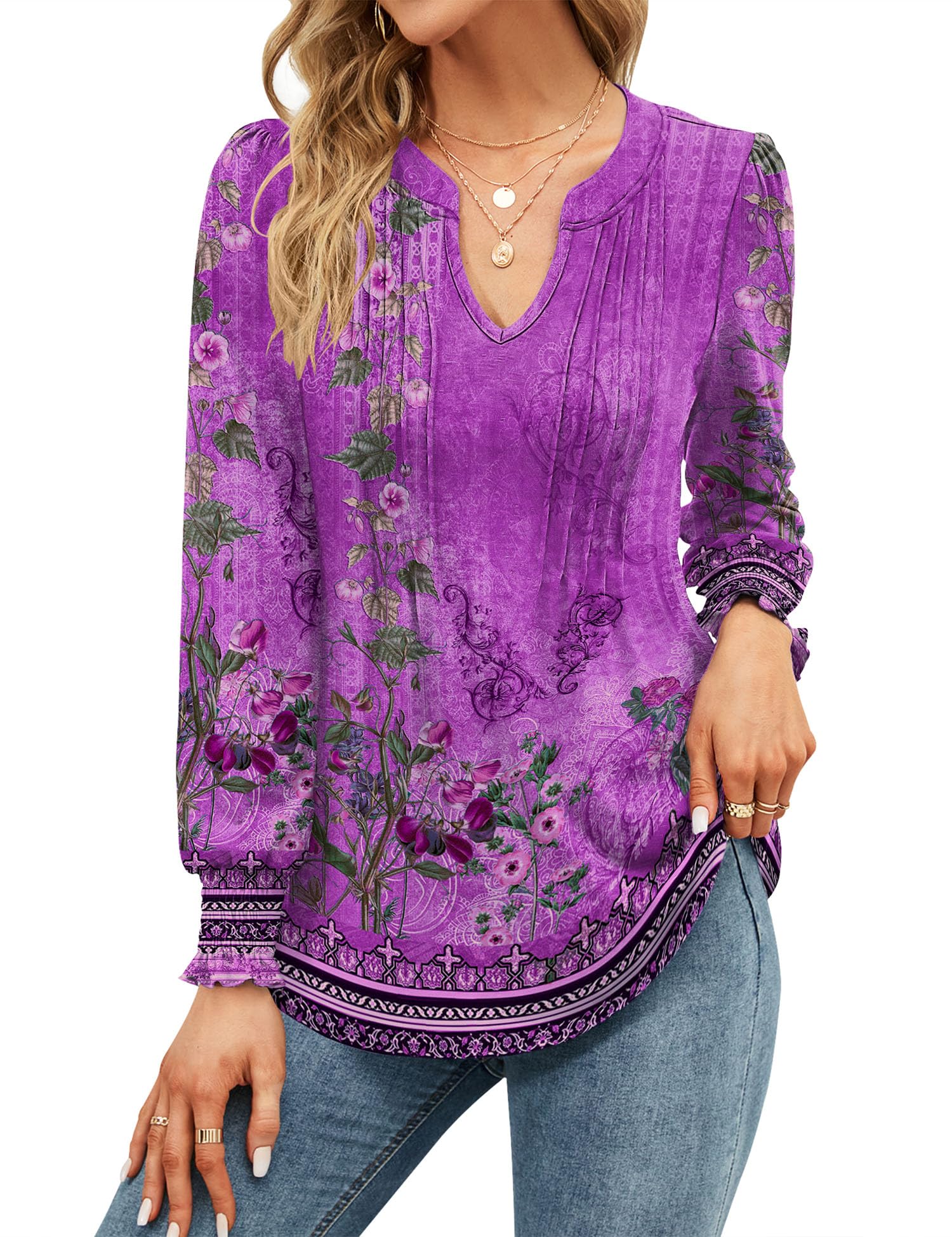 Womens V Neck Tops Puff Short Sleeve T-Shirt Pleated Floral Printed Tunic Blouse Shirts — view 33