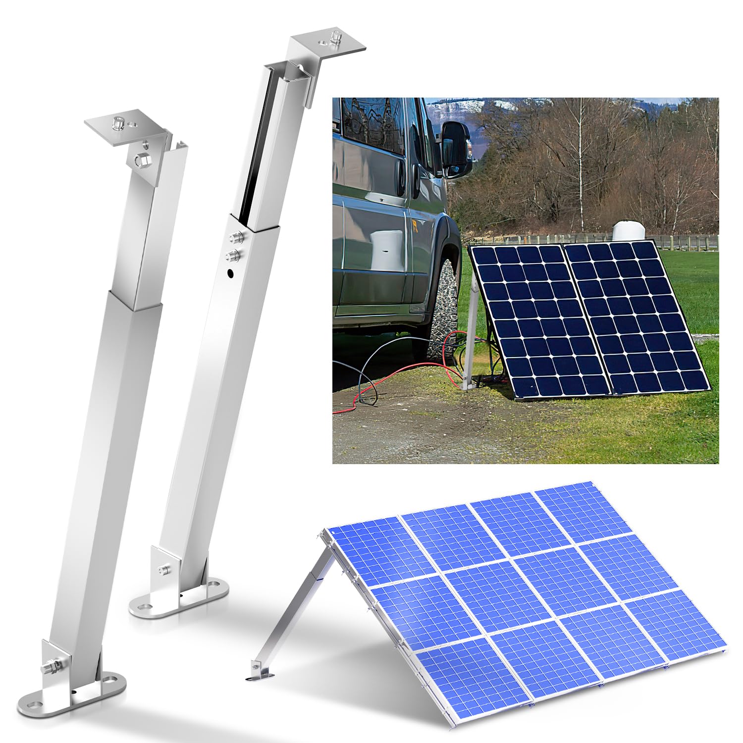 Eulenke Uchwyt do modułu solarnego (1 para), wspornik modułów solarnych 0°-60°, aluminiowy panel słoneczny, uchwyt płaski dach 38 cm - 68 cm, regulowany, zestaw montażowy do elektrowni balkonowej,