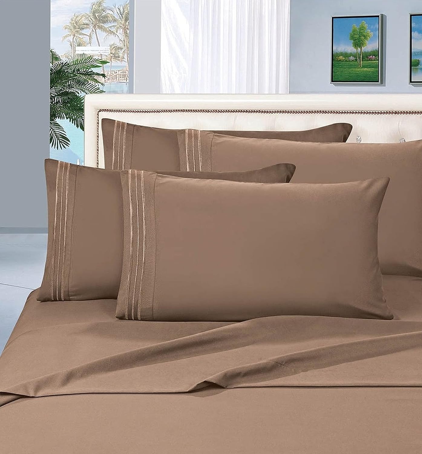 CELINE LINEN Luxurious Bed Sheets Set on Amazon 1500 Premier Wrinkle,Fade and Stain Resistant 4-Piece Bed Sheet Set, Deep Pocket, King Taupe