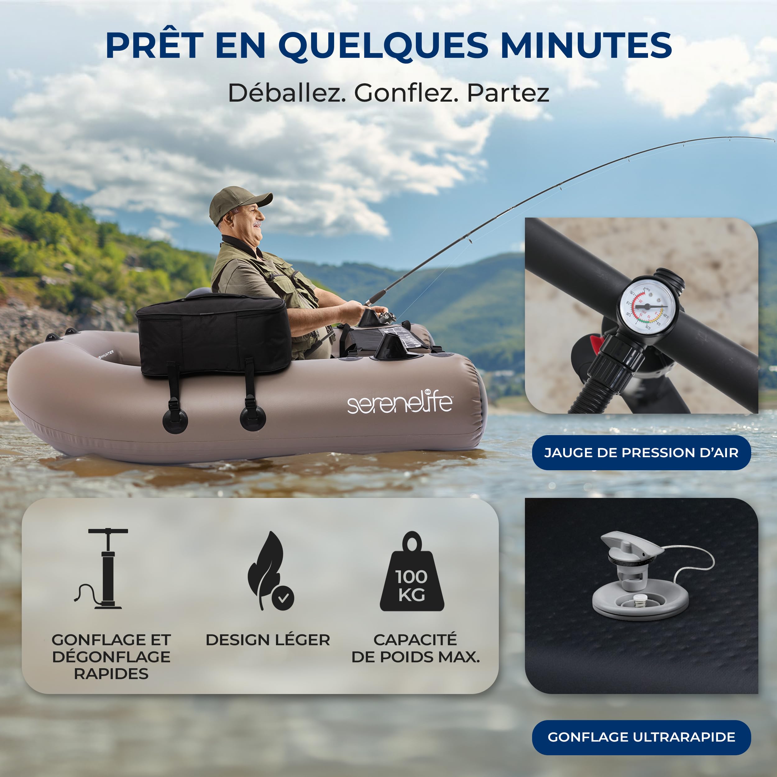 SereneLife Float Tube de Pêche, Belly Boat PVC Laminé, Bateau de Pêche Gonflable Charge 100 kg, Siège avec Dossier, Porte-Cannes, 2 Poches Étanches, Pompe et Sac