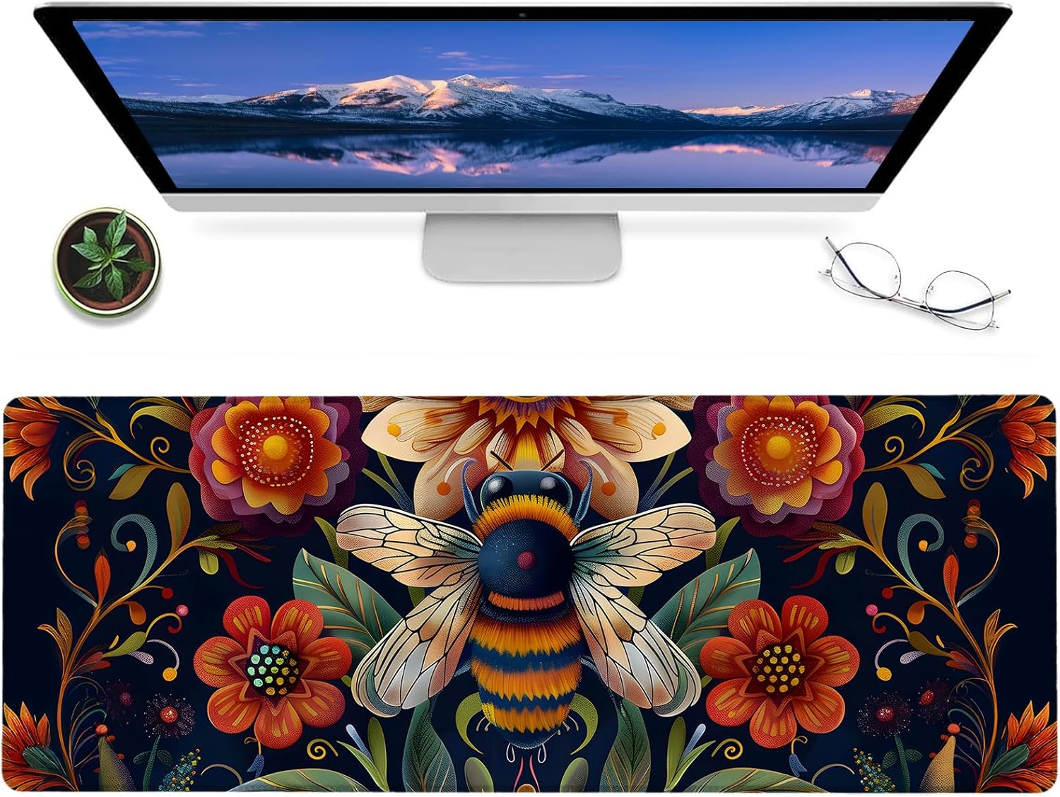 Retro Bee Gaming Mouse Pad,12x31.5in Non-Slip Rubber Flower Vintage Desk Mat,Large Extended Mousepad for Office Home Laptop,Mice Pads Gifts,Game Lover Deskmat Decor (Retro Dark 02)