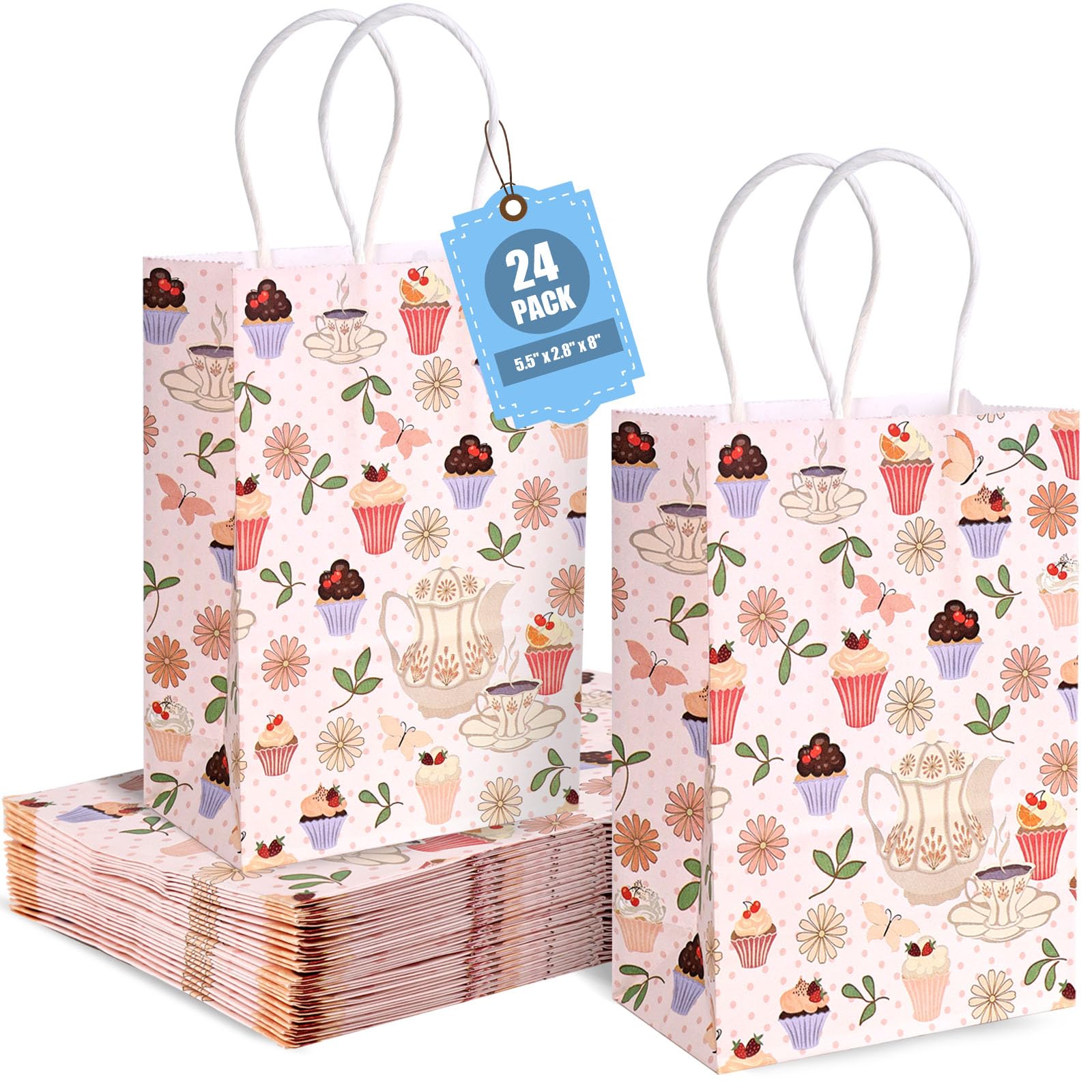 VGOODALL24PCS Tea Party Favor Bags, 5.5" x 2.8" x 8" Small Paper Gift Bags with Handles for Birthday Parties, Wedding, Baby Shower, Goodie Treats
