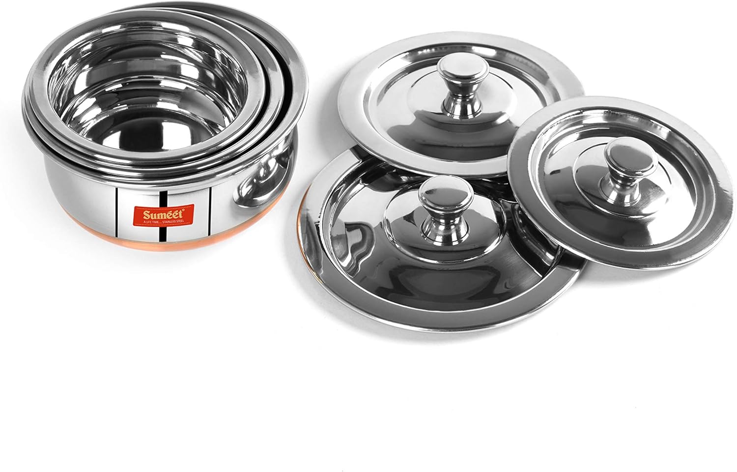 Sumeet Stainless Steel Copper Bottom 3 Pc Handi/Cookware/Serveware Pot Set with Lid 360ML, 500ML, 800ML, (Silver)