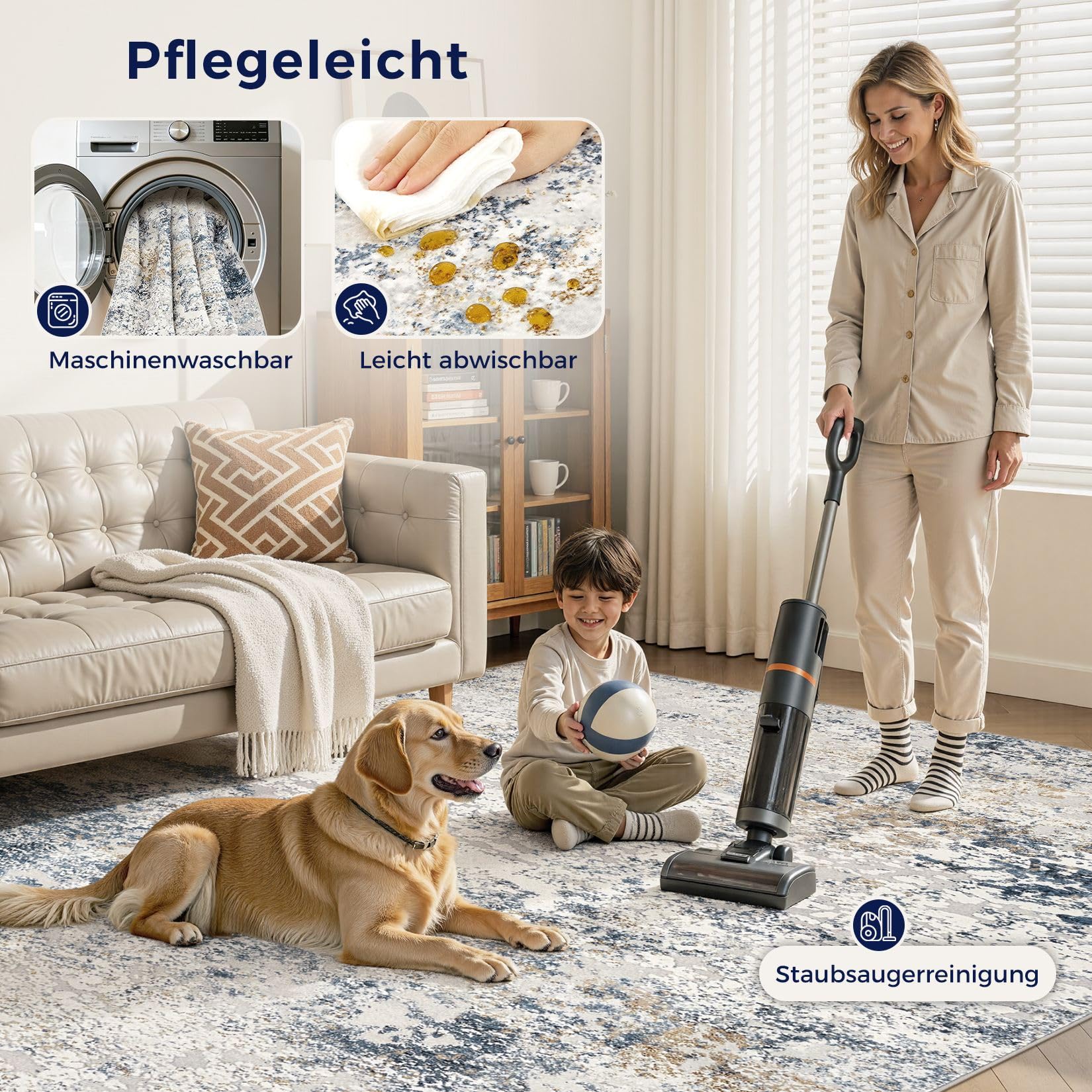 DMOYEST Teppich Wohnzimmer 200x300cm Modern Beige Blau Waschbar | Kurzflor Weich Maschinenwaschbar Rutschfest, Kinder und Haustierfreundlich für Schlafzimmer, Esszimmer und Büro