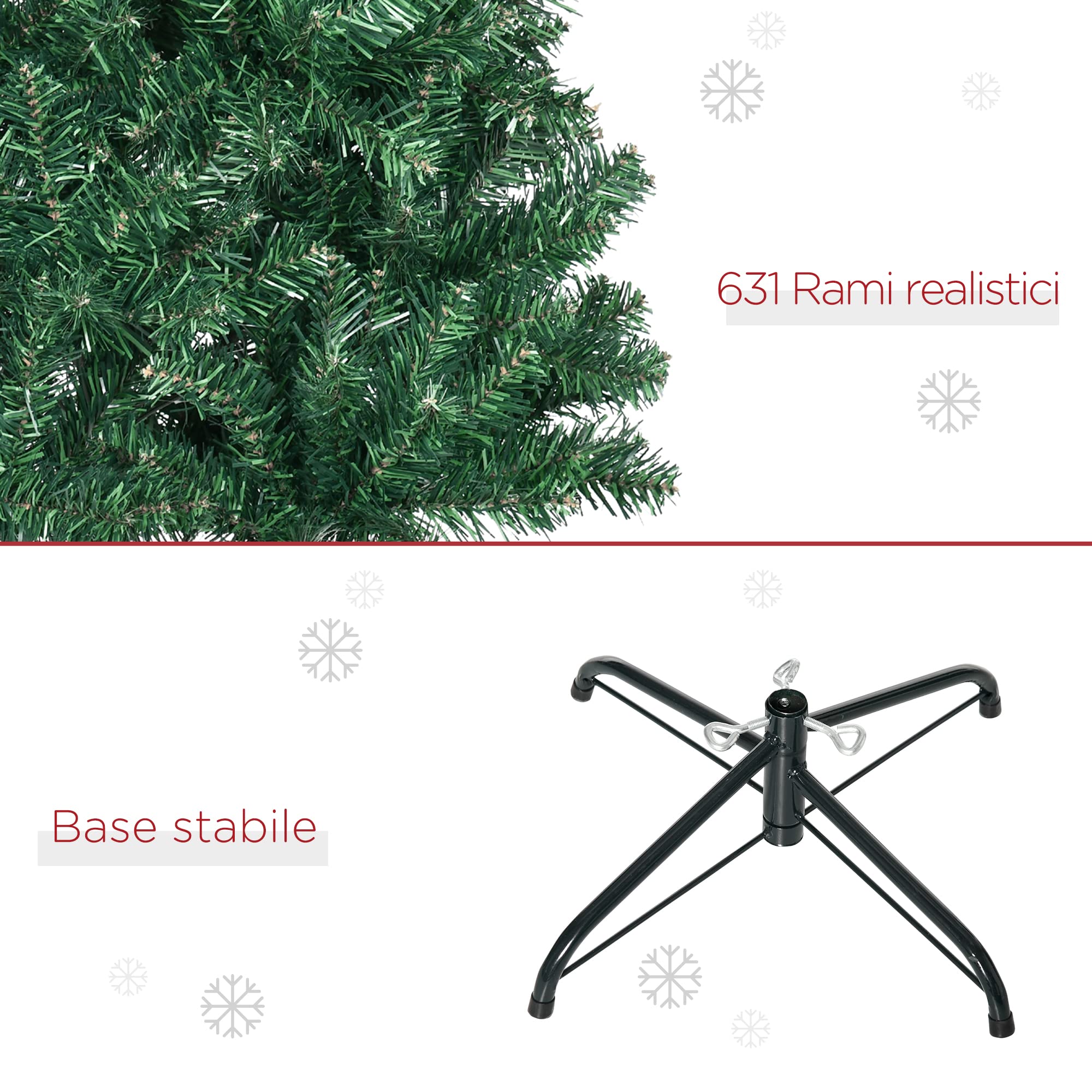 HOMCOM Albero di Natale Slim Artificiale 210 cm con Rami Realistici, Albero di Natale Alto e Stretto con Base Pieghevole, Verde