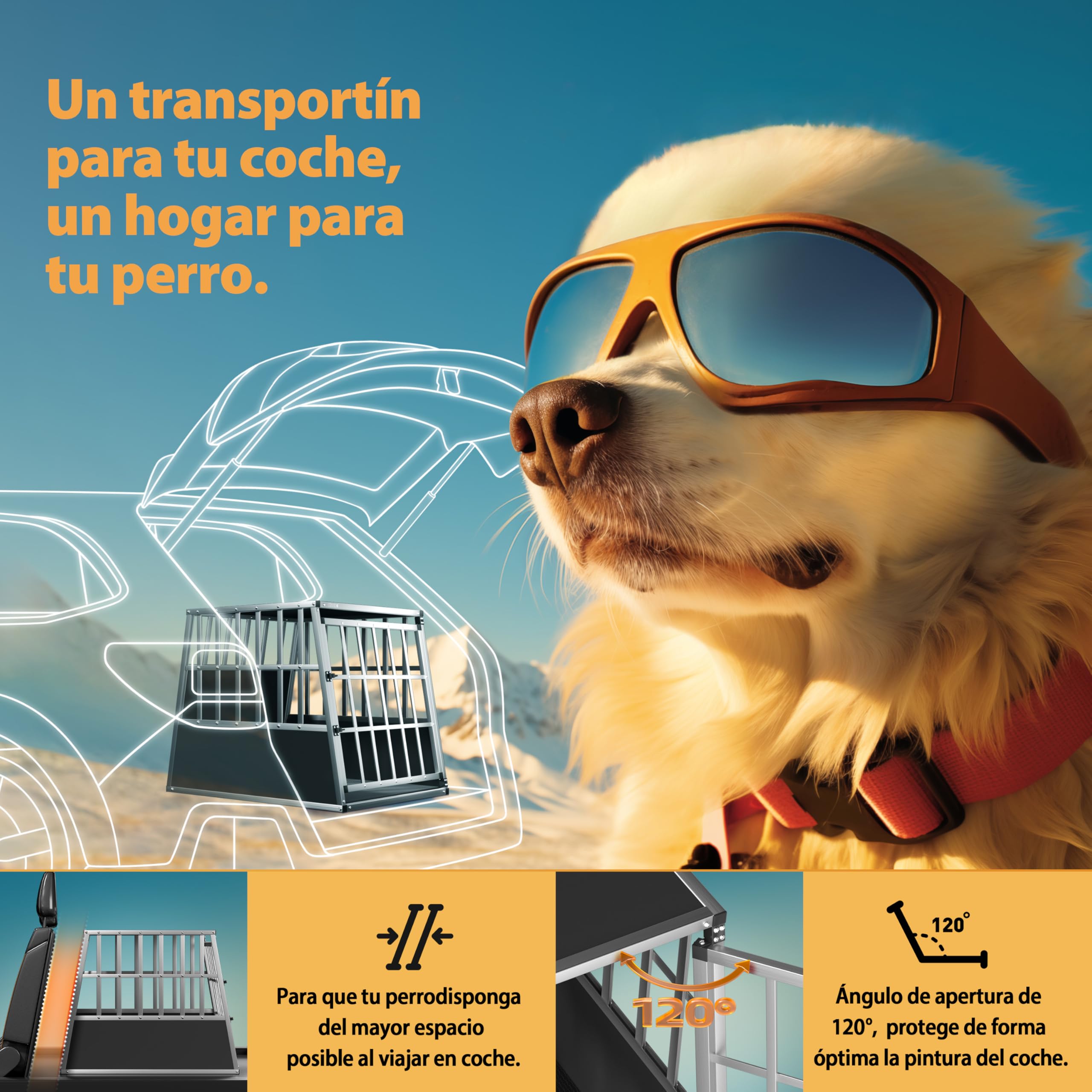 CADOCA Transportín Perro Aluminio 90x66x72cm Jaula Coche Mascotas | Pared Divisoria, Cerradura, MDF, Rejillas Ventilación, Protección Solar, Camping, Coche, Furgoneta, Esquinas Reforzadas