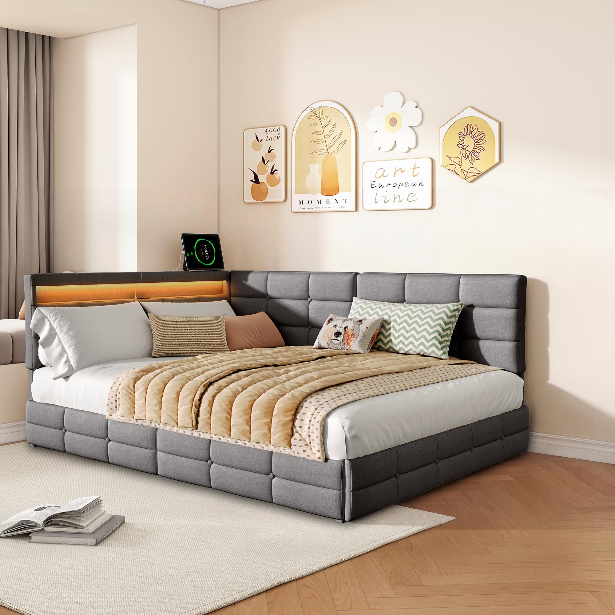 Letto Matrimoniale 140x200 con Testiera a L, Letto Imbottito con Luci LED RGB, USB e Presa di Ricarica, 2 Cassetti Estraibili, Struttura, Letto per ragazzi, Lino, Grigio