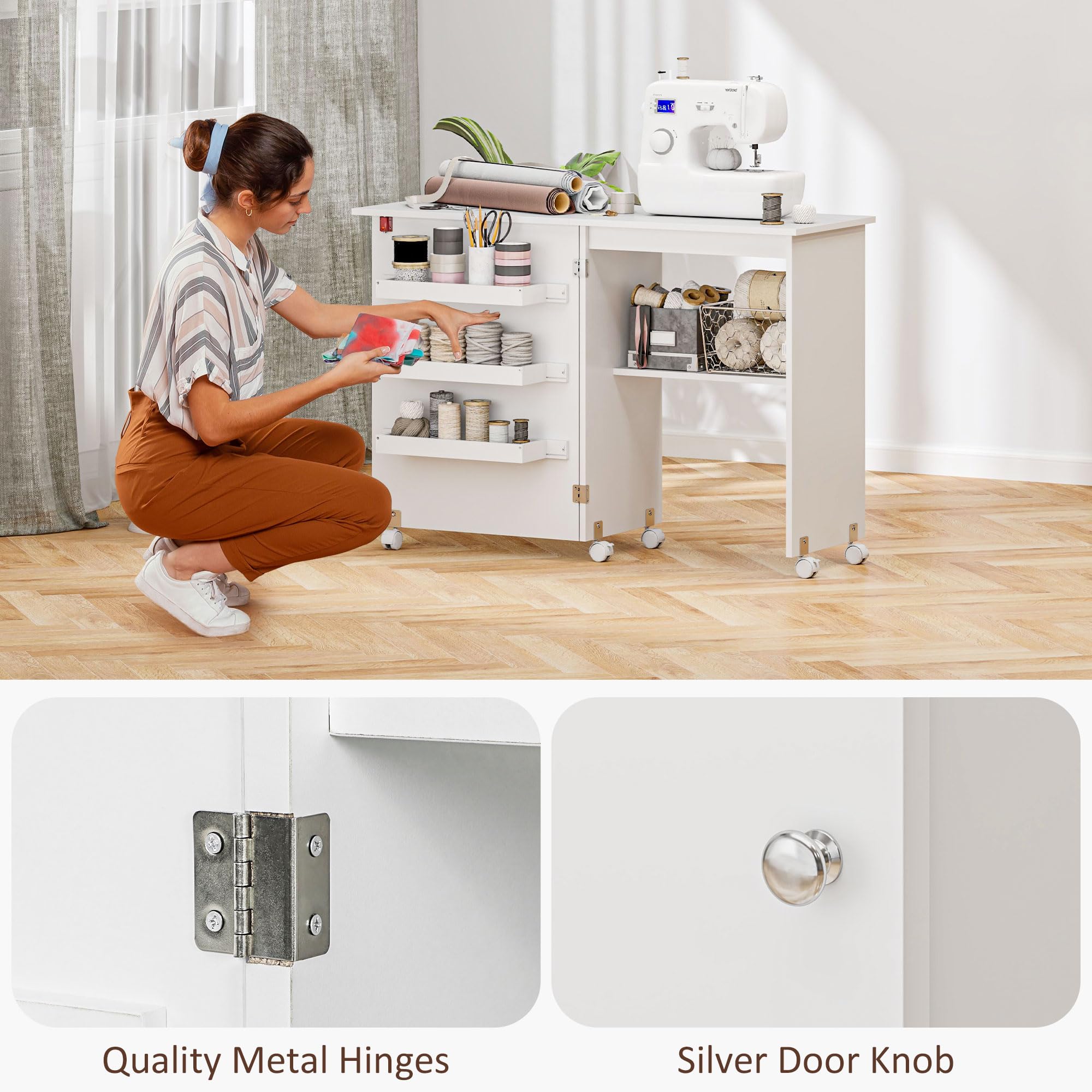 HOMCOM Nähtisch klappbar Nähmöbel mit Klappe mit Ablagefächern, offenem Regal und Rollen, Nähmaschinenmöbel, für Wohnzimmer, Büro, Studio, ABM. 118 x 40 x 79,5 cm, weiß