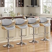 Vista 12 de Juego de 2 taburetes de bar giratorios, modernos taburetes ajustables de piel sintética, taburete de bar con respaldo y reposapiés para isla