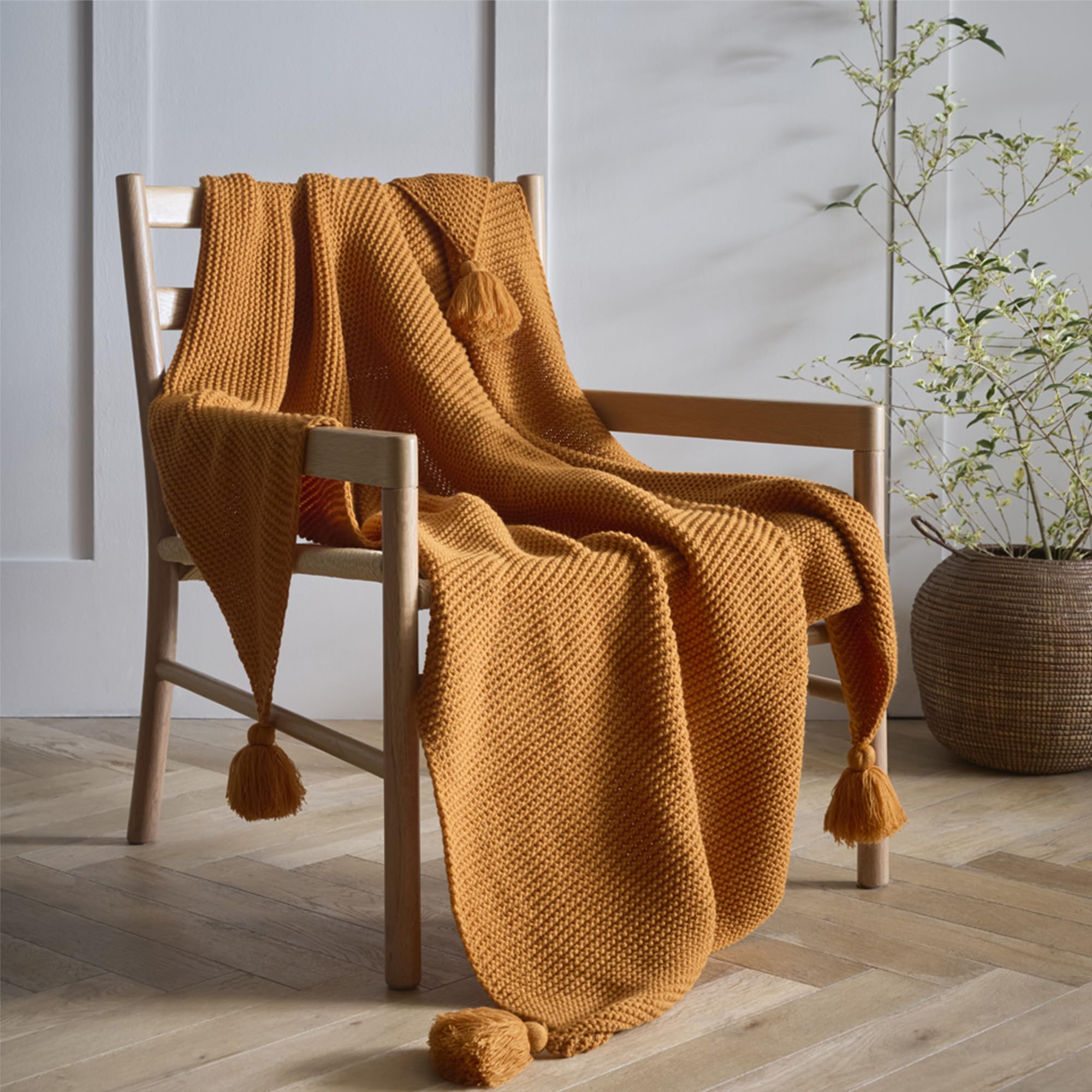 Portfolio Home Copenhagen Ochre Knitted Tassels Throwover Bed Throw Blanket 127 x 152cm