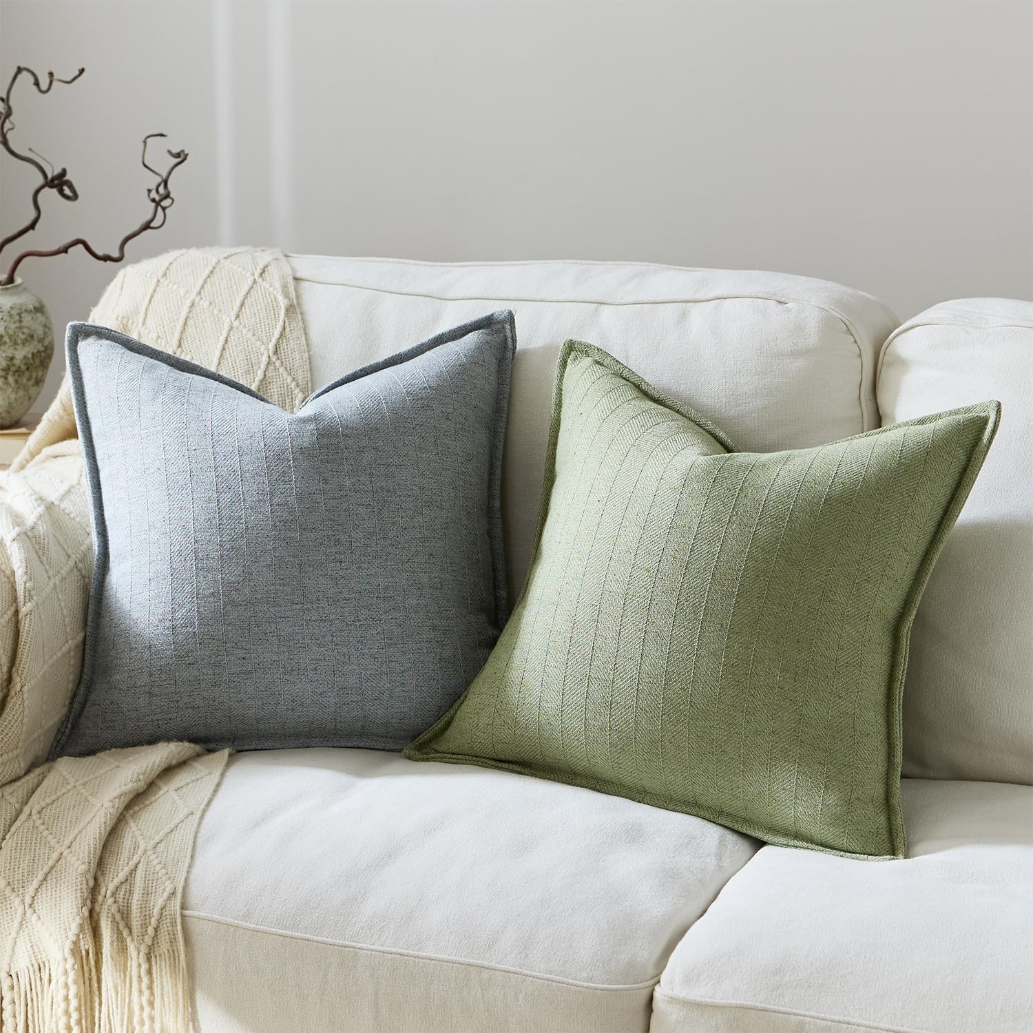 18x18 Linen Pillow Covers Steel Blue Pack of 2 Farmhouse Boho Neutral Accents Striped Textured Square Decorative Throw Pillow Cases for Living Room Couch Bed Home Decor - Image 4