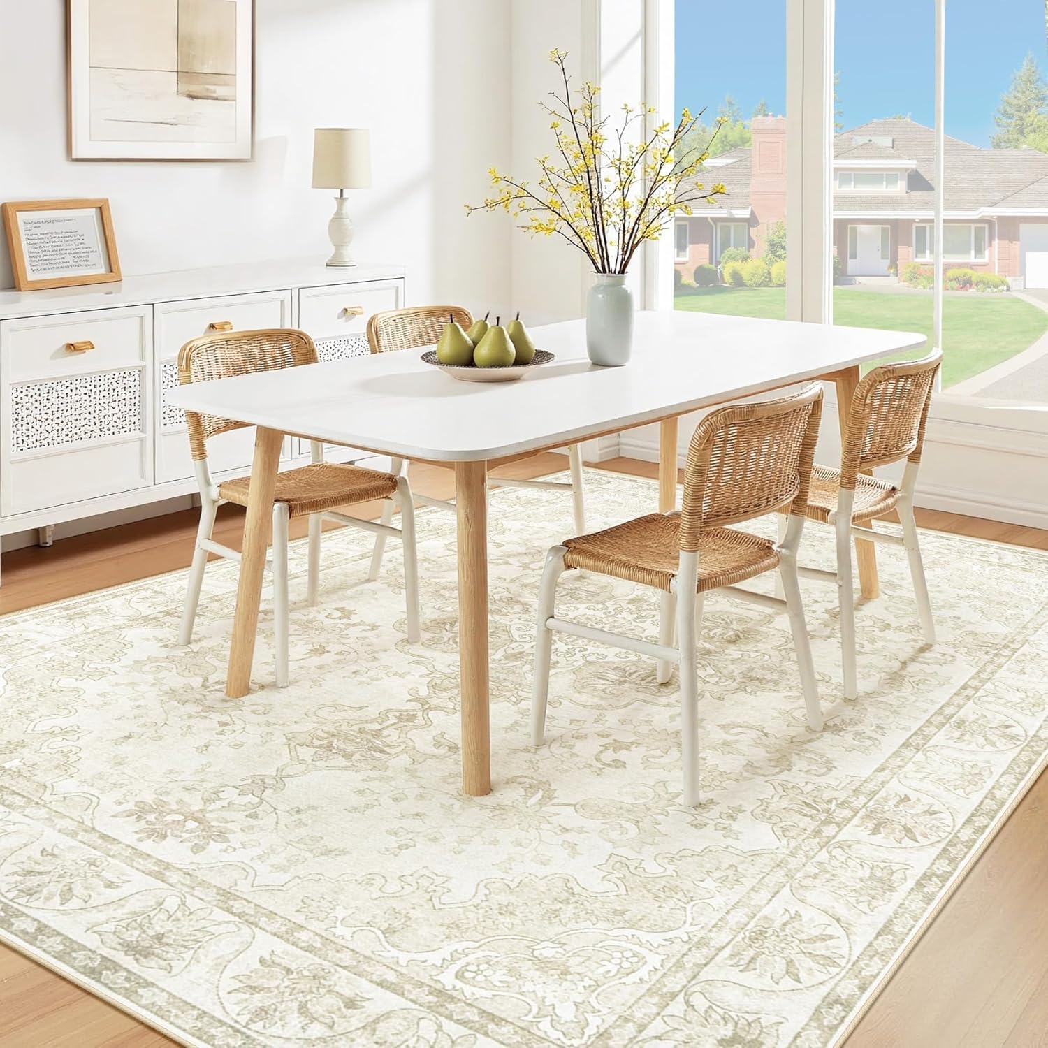 Washable 5x7 Area Rugs: Large Vintage Floral Soft Rug Non Slip Low Pile Stain Resistant Carpet for Living Room Bedroom Dining Room Office Playroom (Beige, 5'x7')