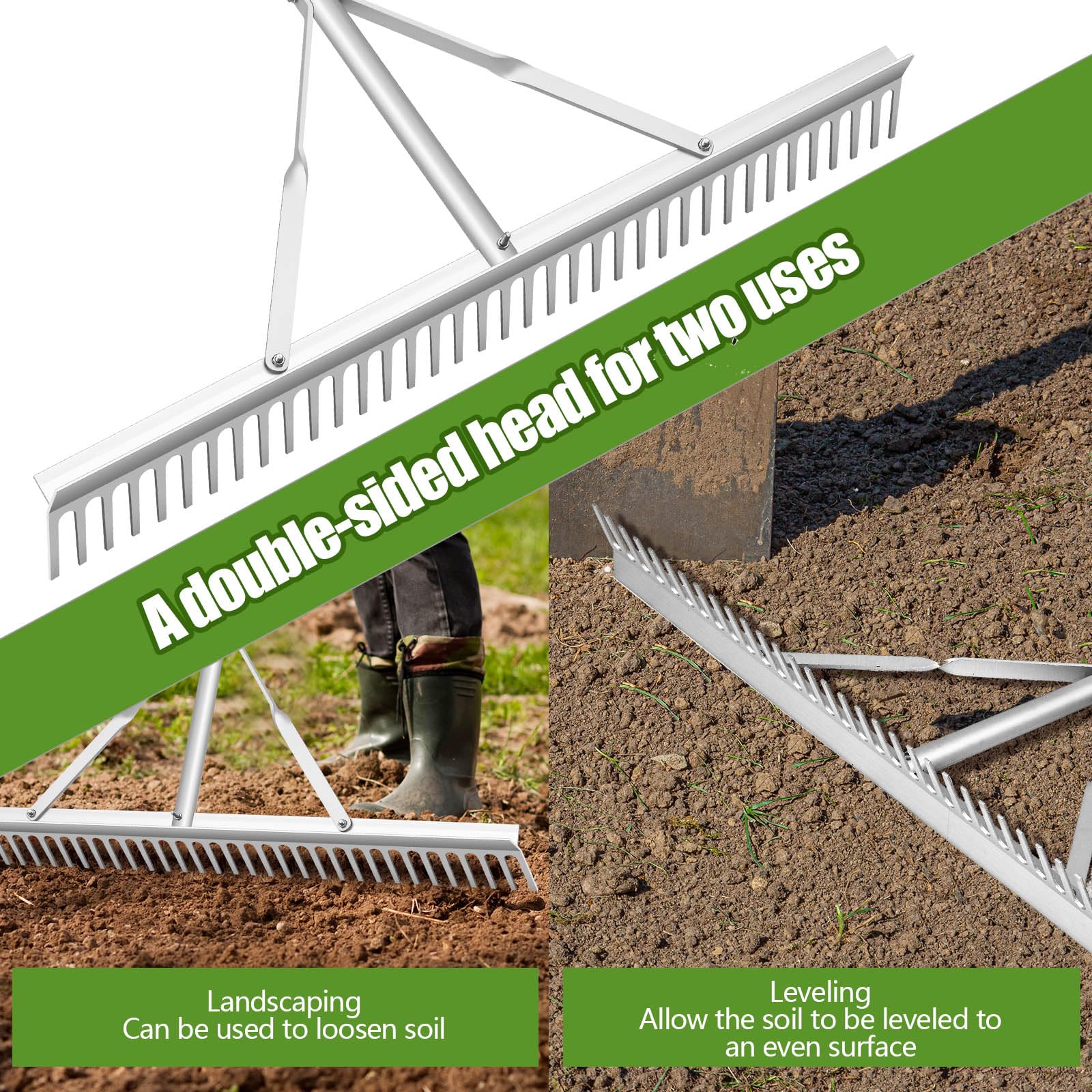Aluminiowe grabie do pielęgnacji trawników, 24 cale, do ogrodów, boisk baseballowych, z regulowanym uchwytem 66''-98'', do pielęgnacji trawników, jezior, spulchniania gleby i pielęgnacji chwastów