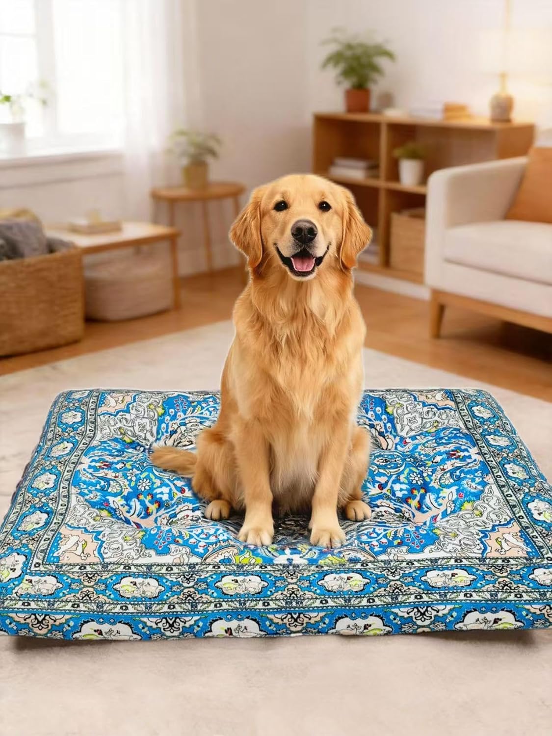 Washable Dog Crate Bed, Ultra Soft & Anti-Slip Crate Pad, Cozy Kennel Mat for Large/Medium/Small Dogs, Plush & Bohemian Dog Bed Mat(Blue, 23.0″ L x 17.0″ W x 2.3″ H)