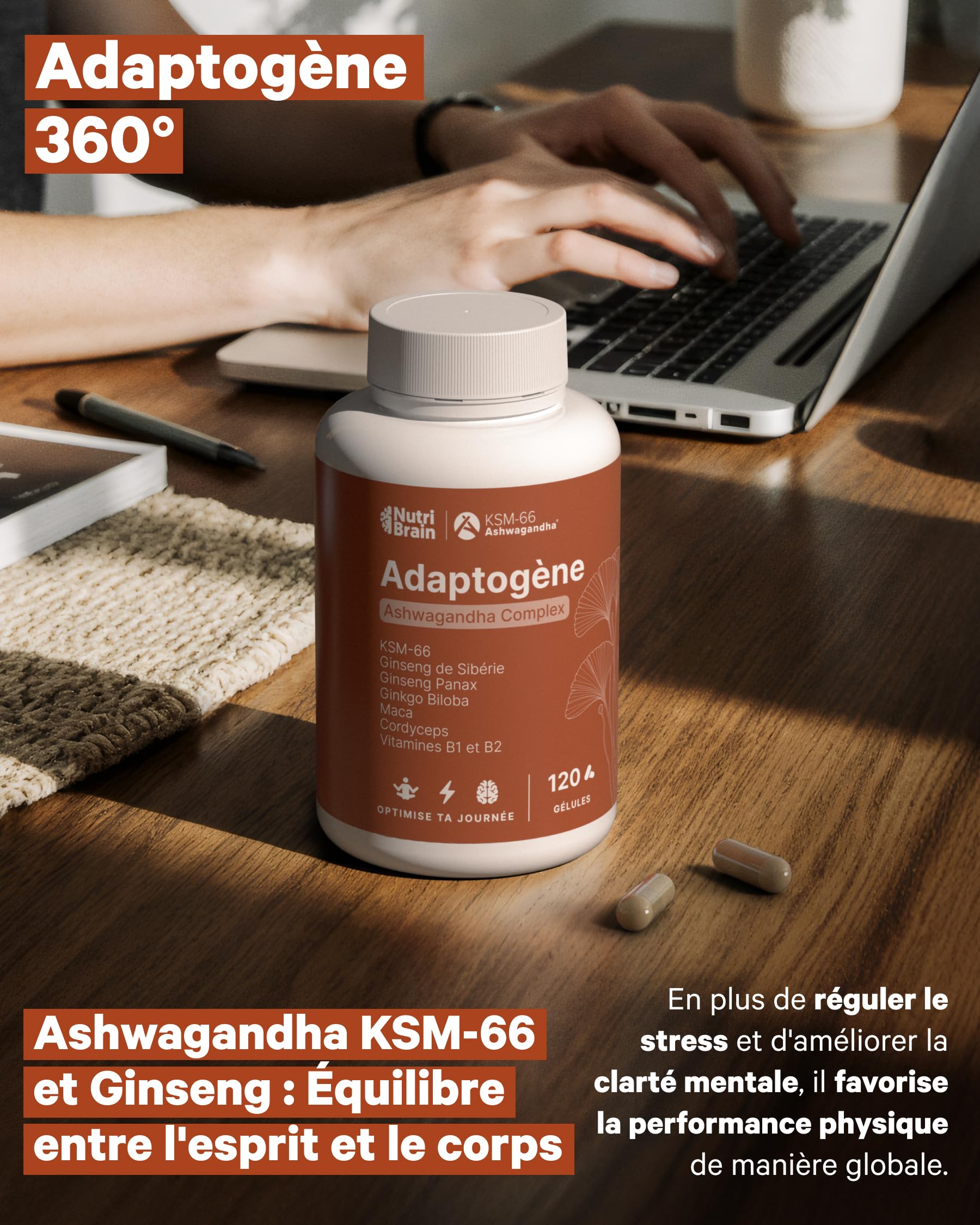 Ashwagandha Complex avec KSM-66, Ginseng, Ginkgo Biloba, Maca, Cordyceps, Vitamines B1-B2 | Adaptogène Anti-stress, Équilibre, Énergie, Performance | 120 Gélules | Végan, Sans OGM, Sans Gluten