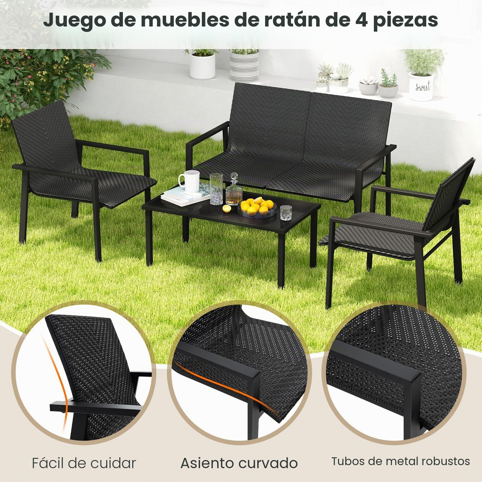 GYMAX Juego de muebles de jardín de ratán, juego de 4 piezas para terraza, incluye 2 sillas, 1 sofá y 1 mesa de café, juego de muebles de terraza, juego de muebles de balcón para balcón, piscina y