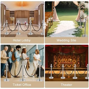 Trintion Queue Barrier Posts Stands Crowd Control Stanchions with 1.5M Ropes Heavy Duty Stainless Steel Queue Barrier Posts with Weighted Bases for Events Airports Hotels (Silver Black)