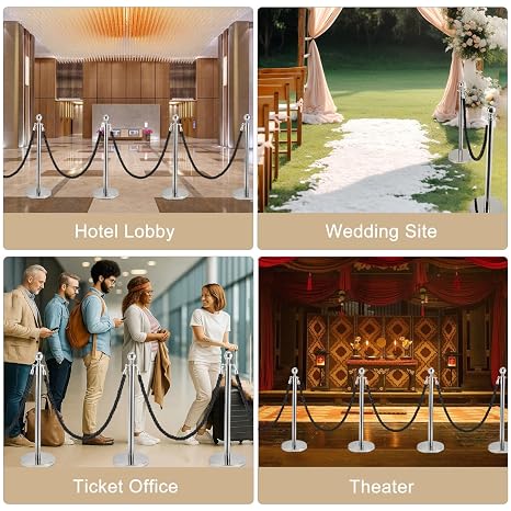 Trintion Queue Barrier Posts Stands Crowd Control Stanchions with 1.5M Ropes Heavy Duty Stainless Steel Queue Barrier Posts with Weighted Bases for Events Airports Hotels (Silver Black)