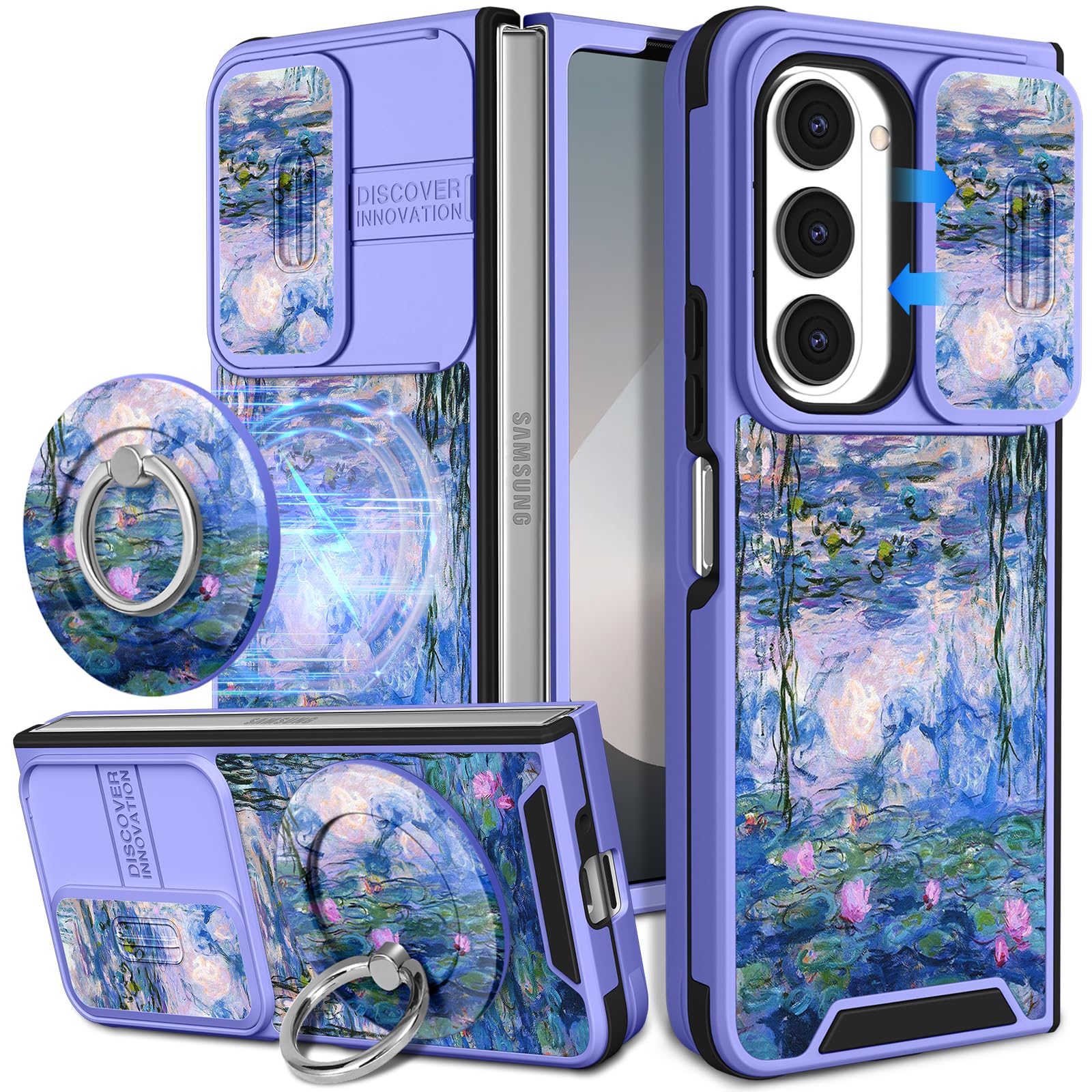 Buleens for Samsung Galaxy Z Fold 6 Case - with Ring Stand & Camera Cover Aesthetic Cute Designed Women Girl Girly Pretty Kawaii Blue Water Lily Phone