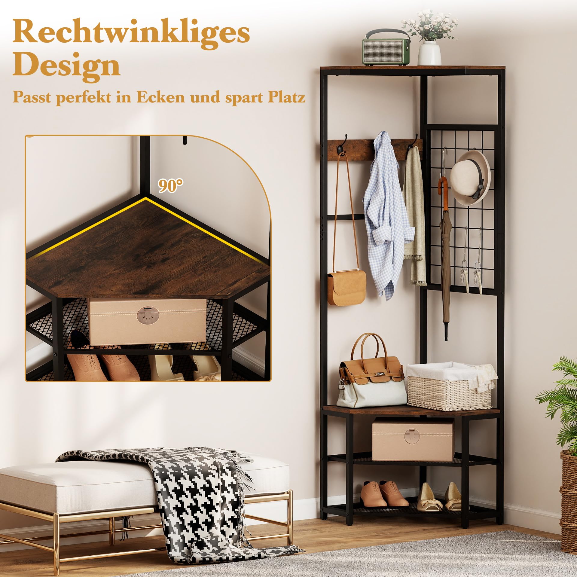COSTWAY 3 in 1 Eckgarderobe Metall, platzsparende Garderobenständer mit 4 Haken, 2 Schuhregalen & Anti-Kipp-Set, freistehende Kleiderständer für Flur & Schlafzimmer, 49 x 49 x 171 cm