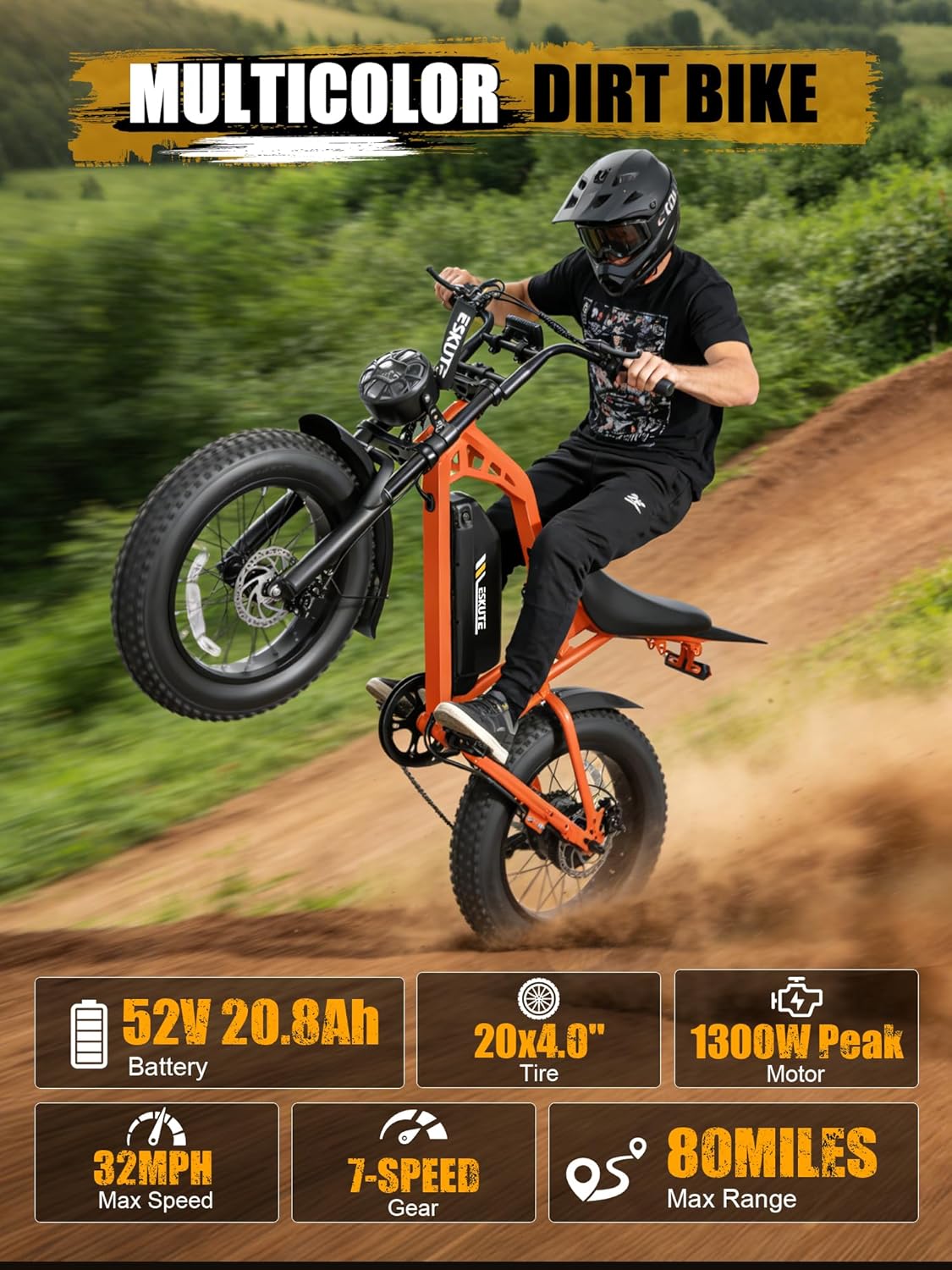 Electric Dirt Bike Adults, 1300W Peak 52V20.8Ah ebike, 32MPH 20" x4.0 Fat Tire, Streamlined E-Motorcycle with 7 Speeds for Youths, V200，Orange with Rear Rack + Footrests
