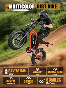 Electric Dirt Bike Adults, 1300W Peak 52V20.8Ah ebike, 32MPH 20 x4.0 Fat Tire, Streamlined E-Motorcycle with 7 Speeds for Youths, V200,Orange with Rear Rack + Footrests