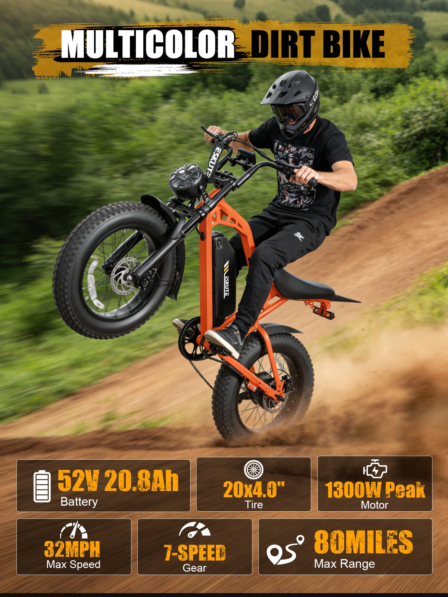 Electric Dirt Bike Adults, 1300W Peak 52V20.8Ah ebike, 32MPH 20" x4.0 Fat Tire, Streamlined E-Motorcycle with 7 Speeds for Youths, V200，Orange Standard