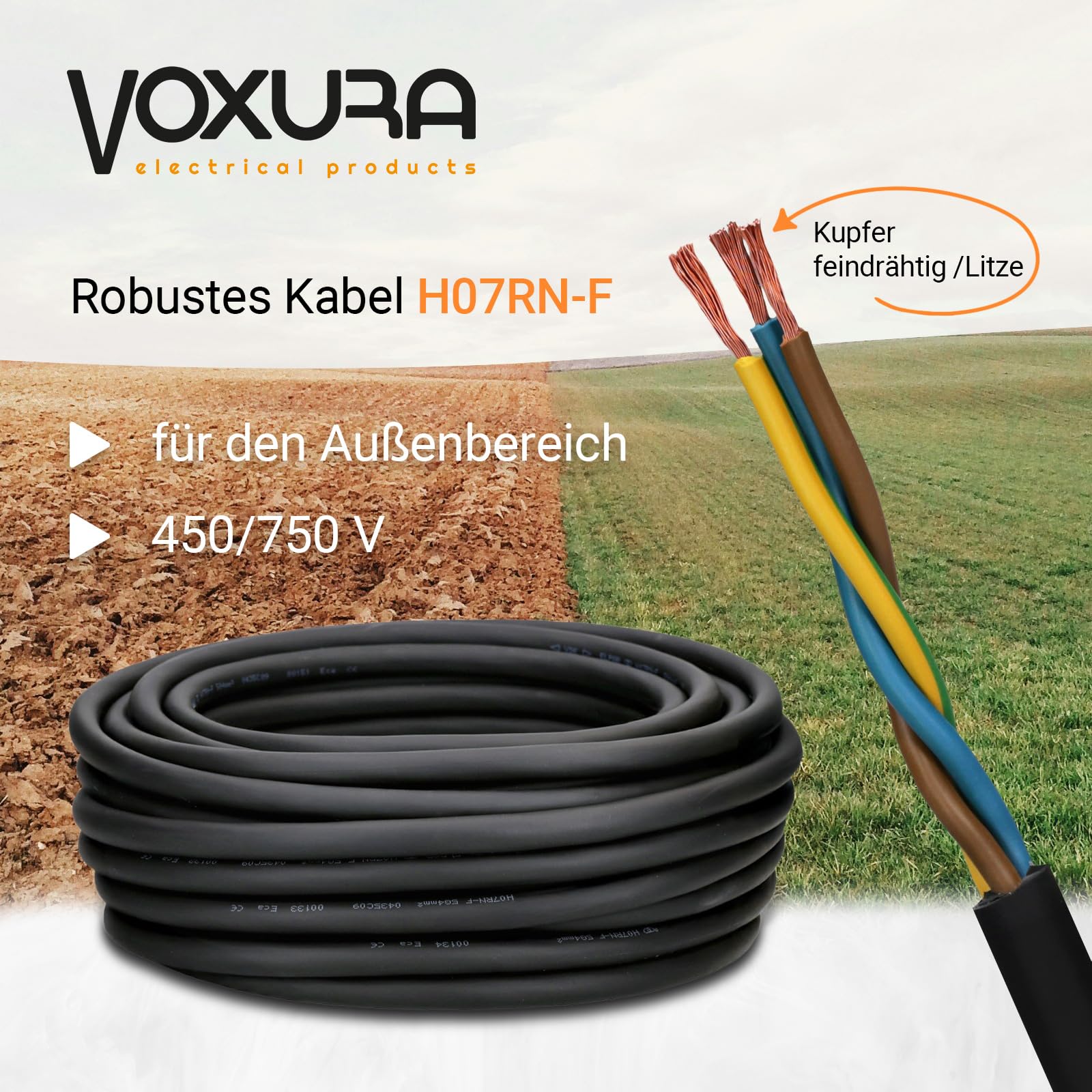 Voxura H07RN-F 3x2,5 mm² 25 Meter Gummileitung flexibel mit Schutzleiter 3G2,5 UV-resistent ölbeständig