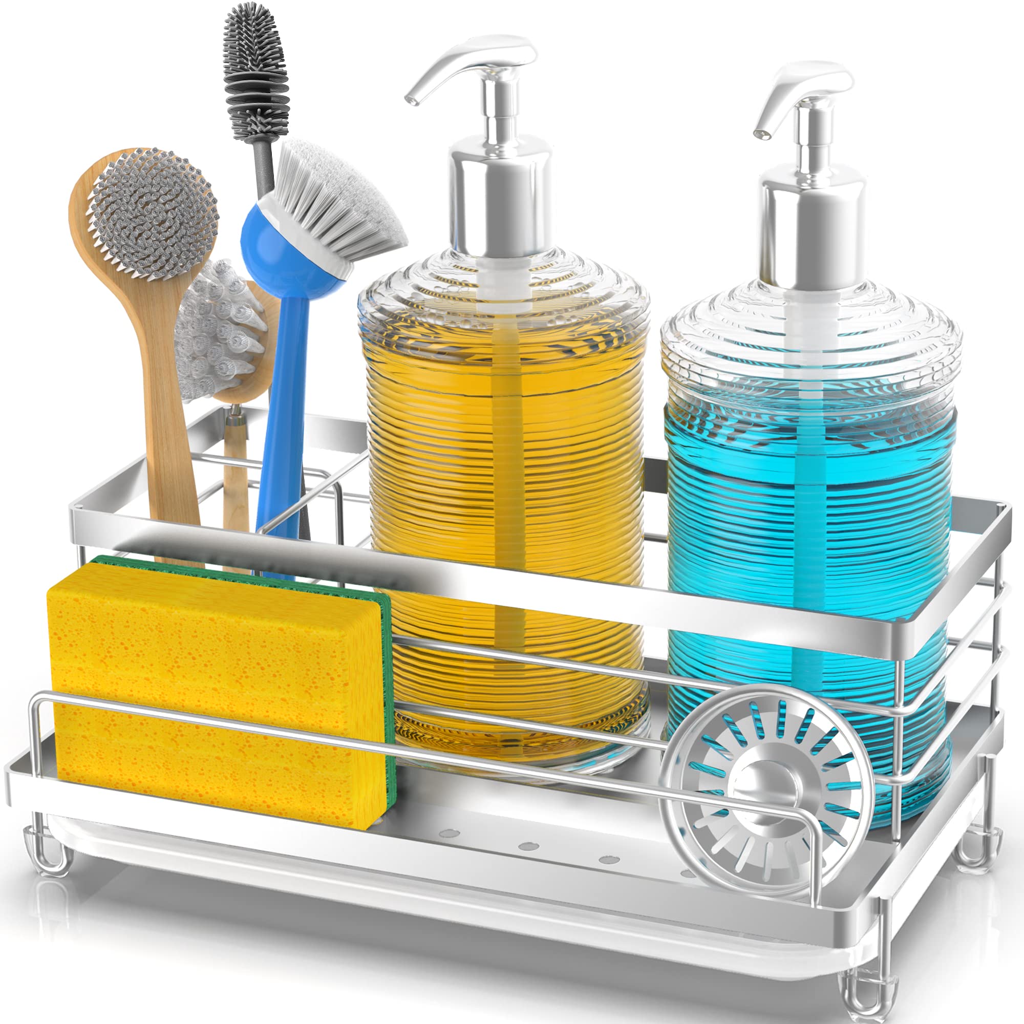 Cisily Sponge Holder for Kitchen, Sink Caddy Organizer, Kitchen Sink Accessories with Drip Tray, Rustproof and Non-slip Kitchen Sink Sponge Holder, Kitchen Essentials for New Home?Silver